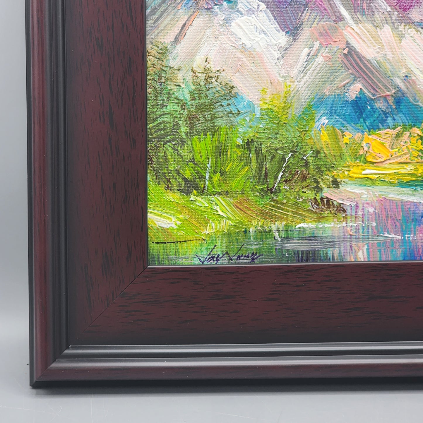 Signed Expressionist Landscape Oil on Canvas Painting of Mountains & River