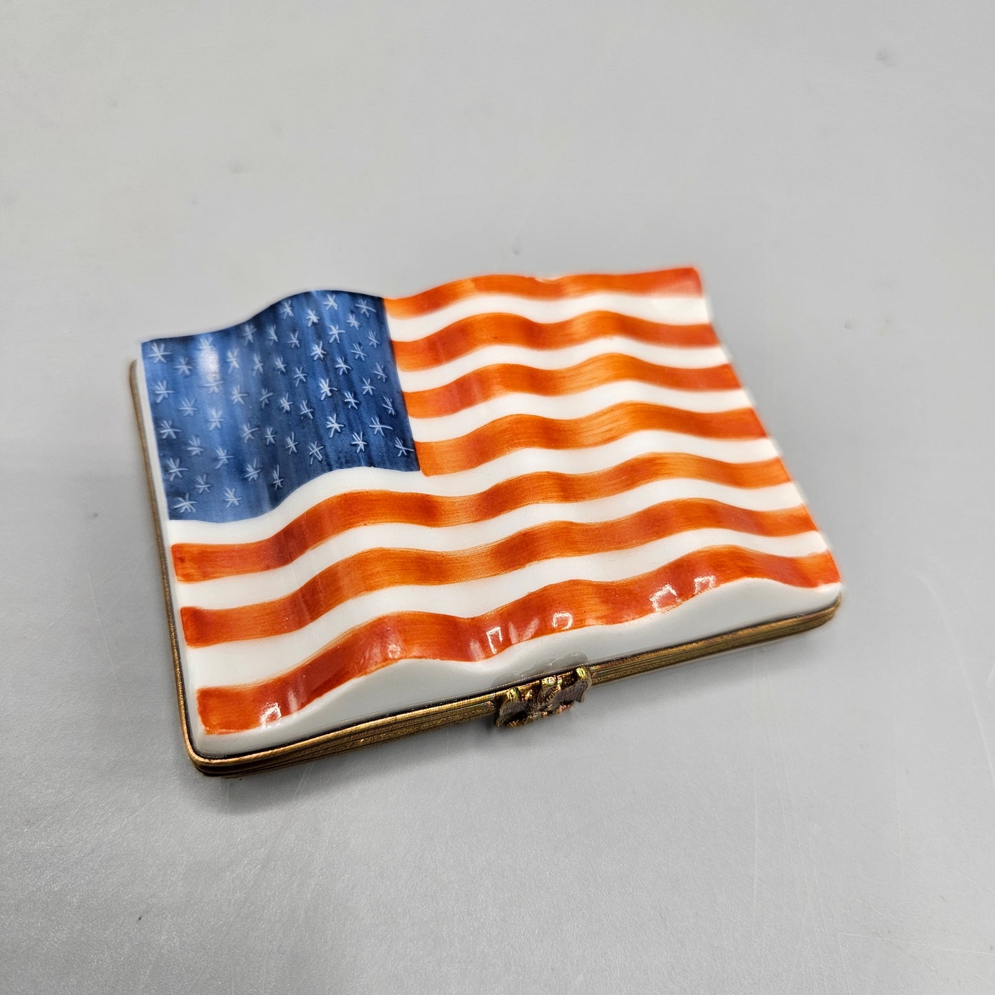 Hand Painted Charmart American Flag Porcelain Trinket Box - Limoges
