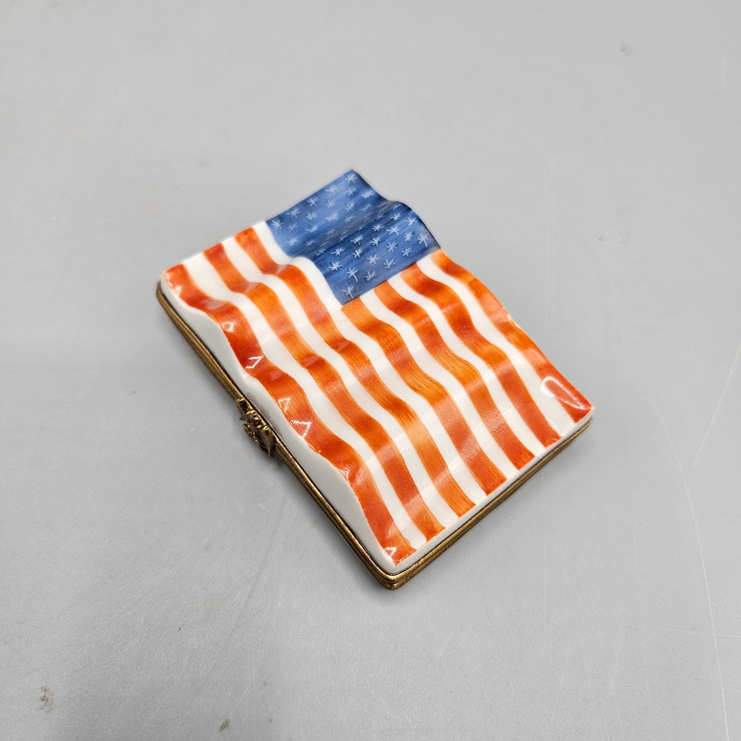 Hand Painted Charmart American Flag Porcelain Trinket Box - Limoges
