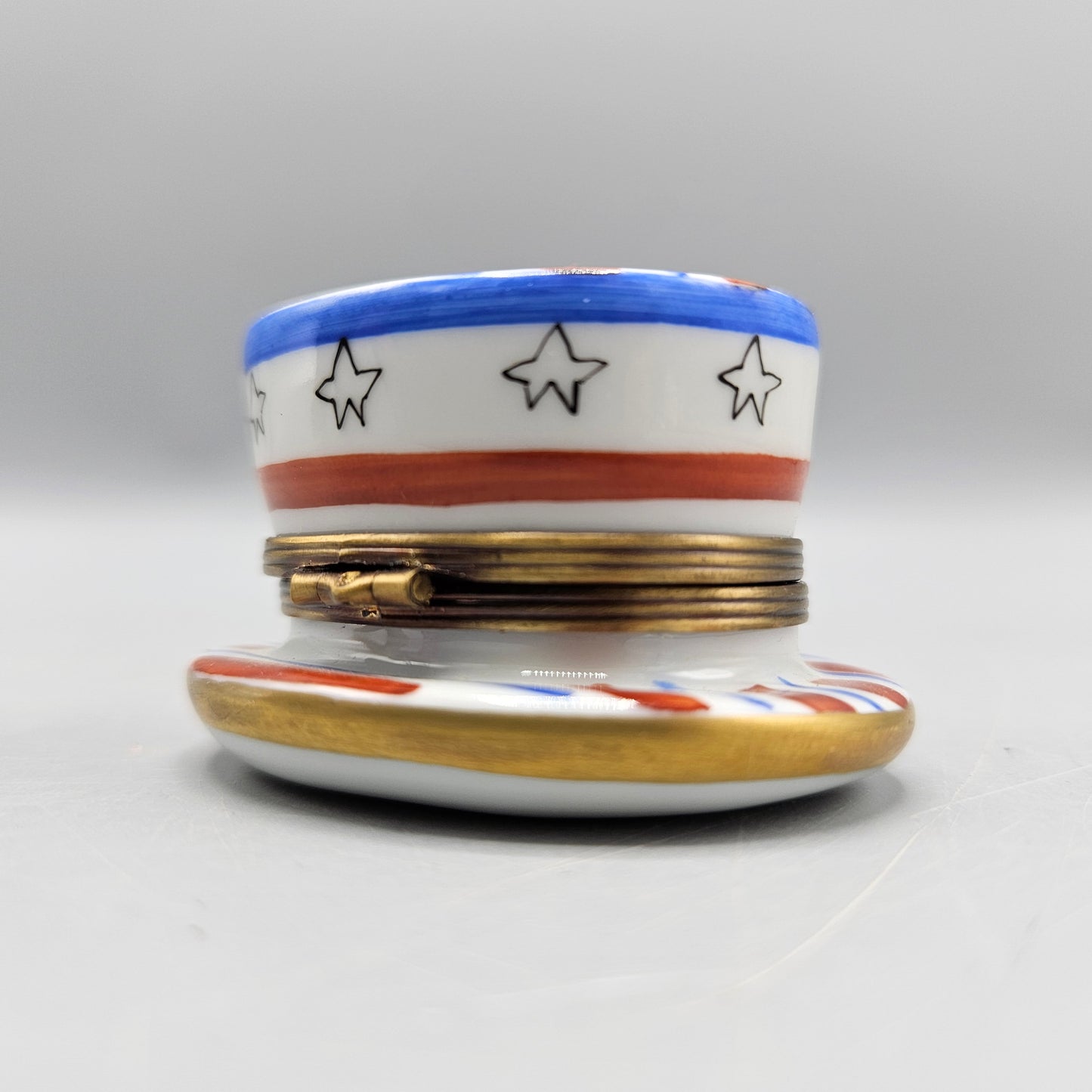 Hand Painted Charmart American Flag Uncle Sam Hat Porcelain Trinket Box - Limoges