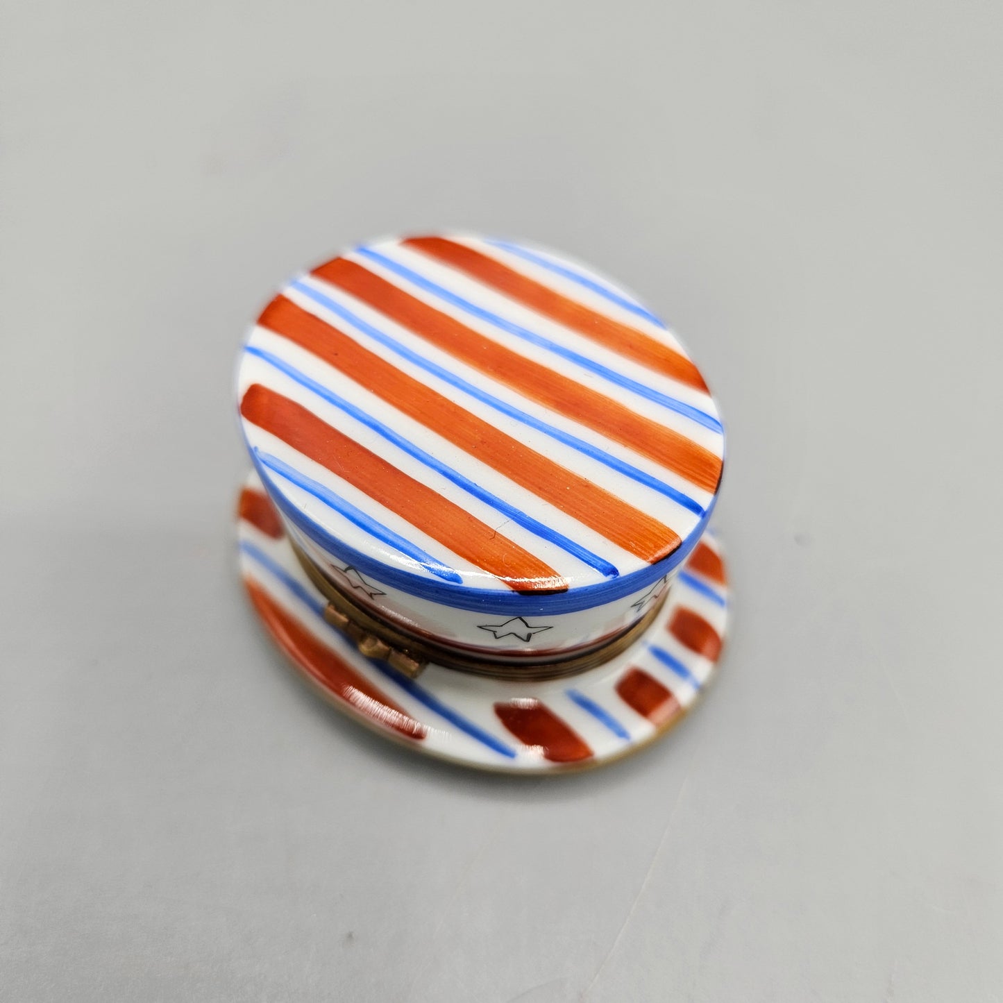 Hand Painted Charmart American Flag Uncle Sam Hat Porcelain Trinket Box - Limoges