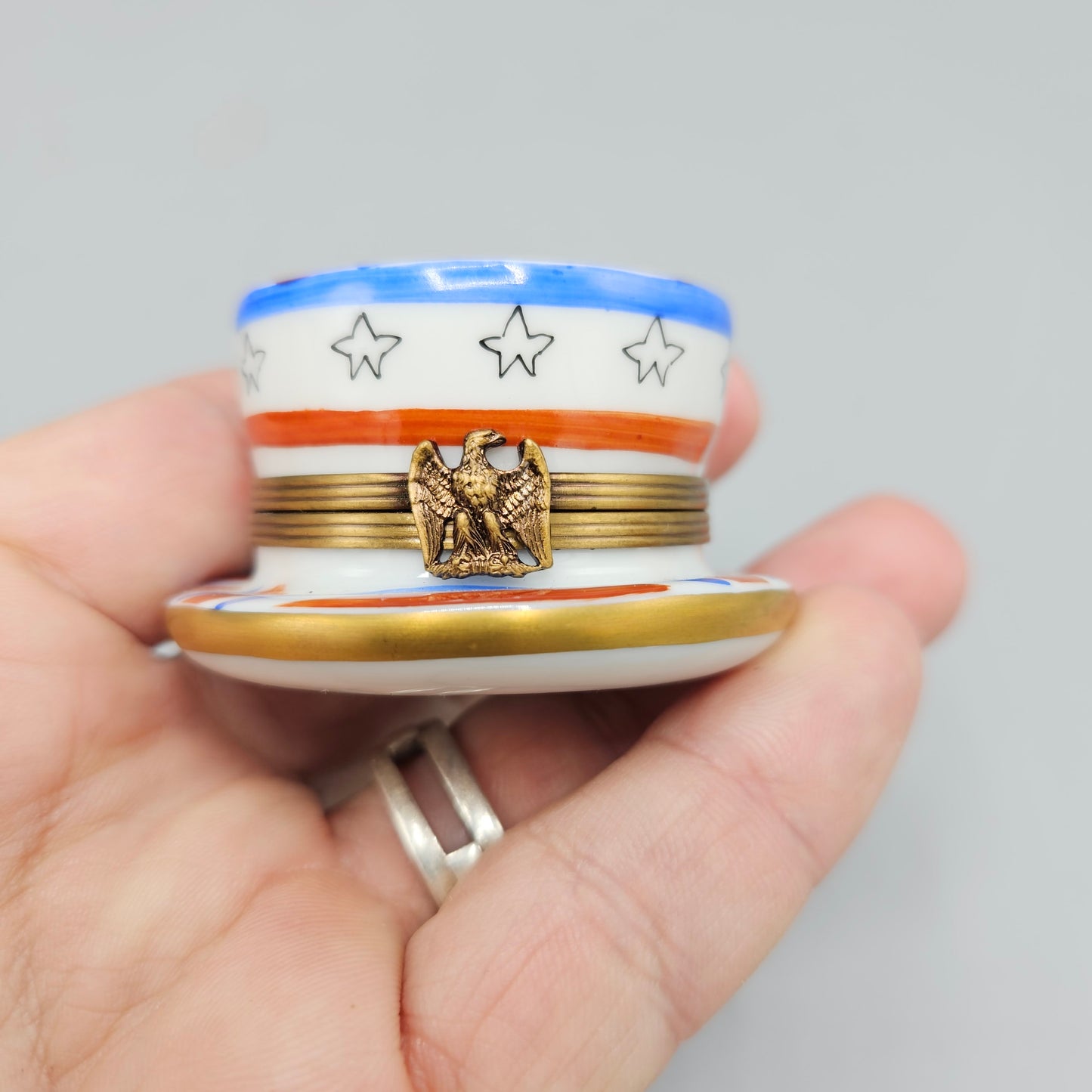 Hand Painted Charmart American Flag Uncle Sam Hat Porcelain Trinket Box - Limoges