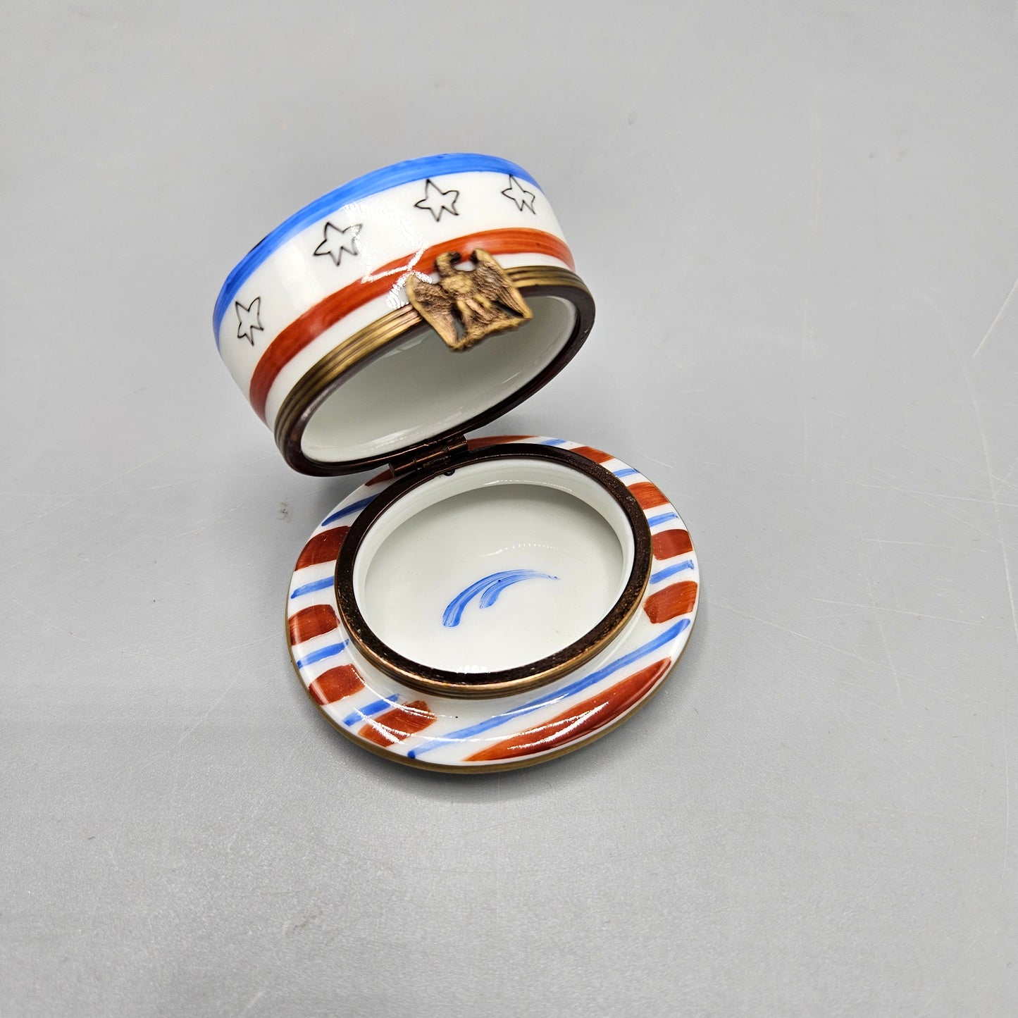 Hand Painted Charmart American Flag Uncle Sam Hat Porcelain Trinket Box - Limoges