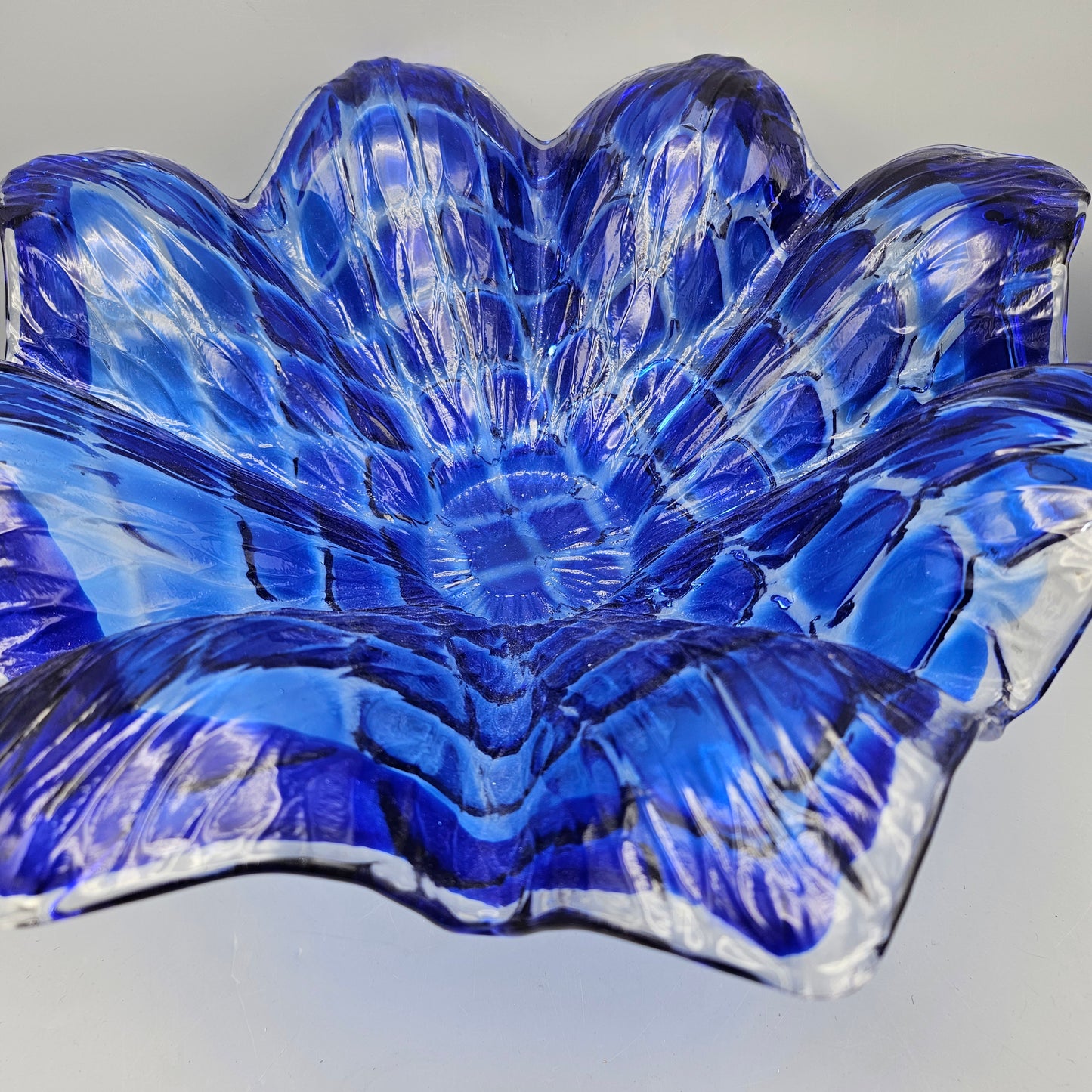Large Blue and Crystal Art Glass Compote