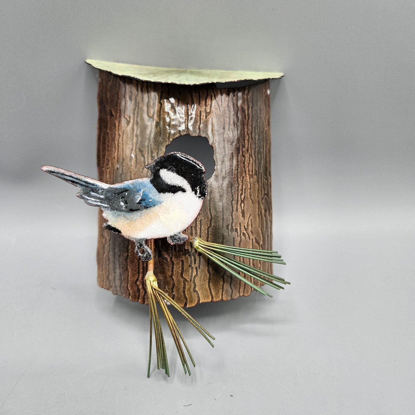 Enamel Birds Wall Art Handcrafted by Bovano of Cheshire Bird in House