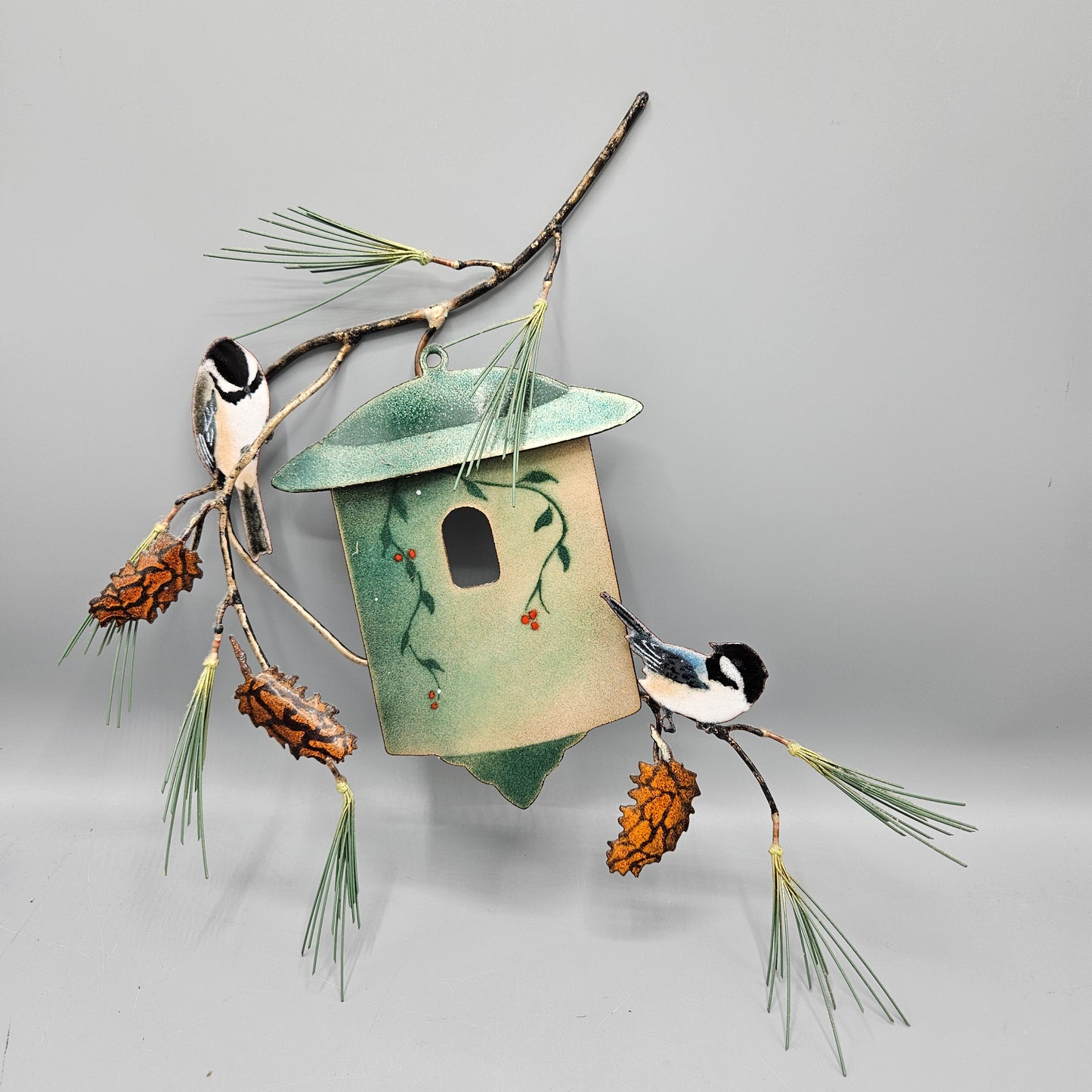 Enamel Birds Wall Art Handcrafted by Bovano of Cheshire Bird in House with Pinecones
