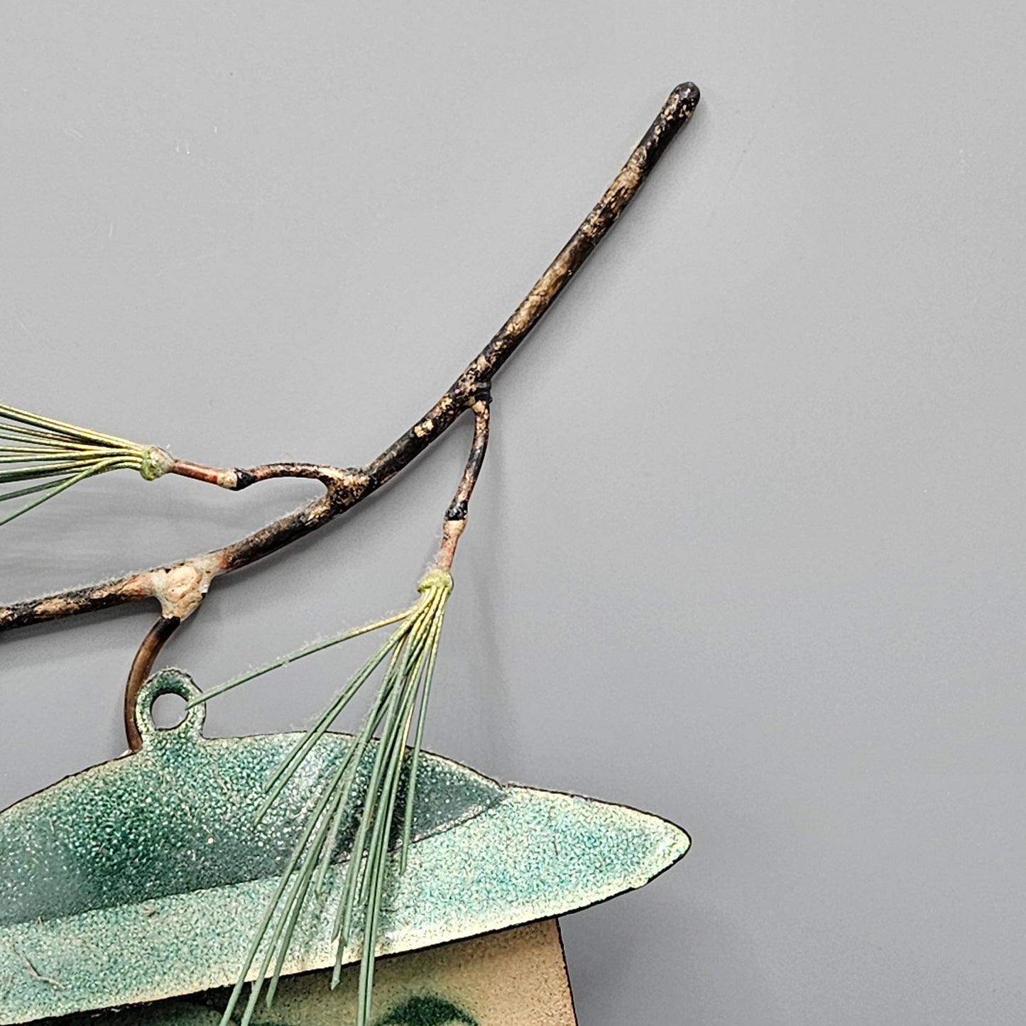 Enamel Birds Wall Art Handcrafted by Bovano of Cheshire Bird in House with Pinecones
