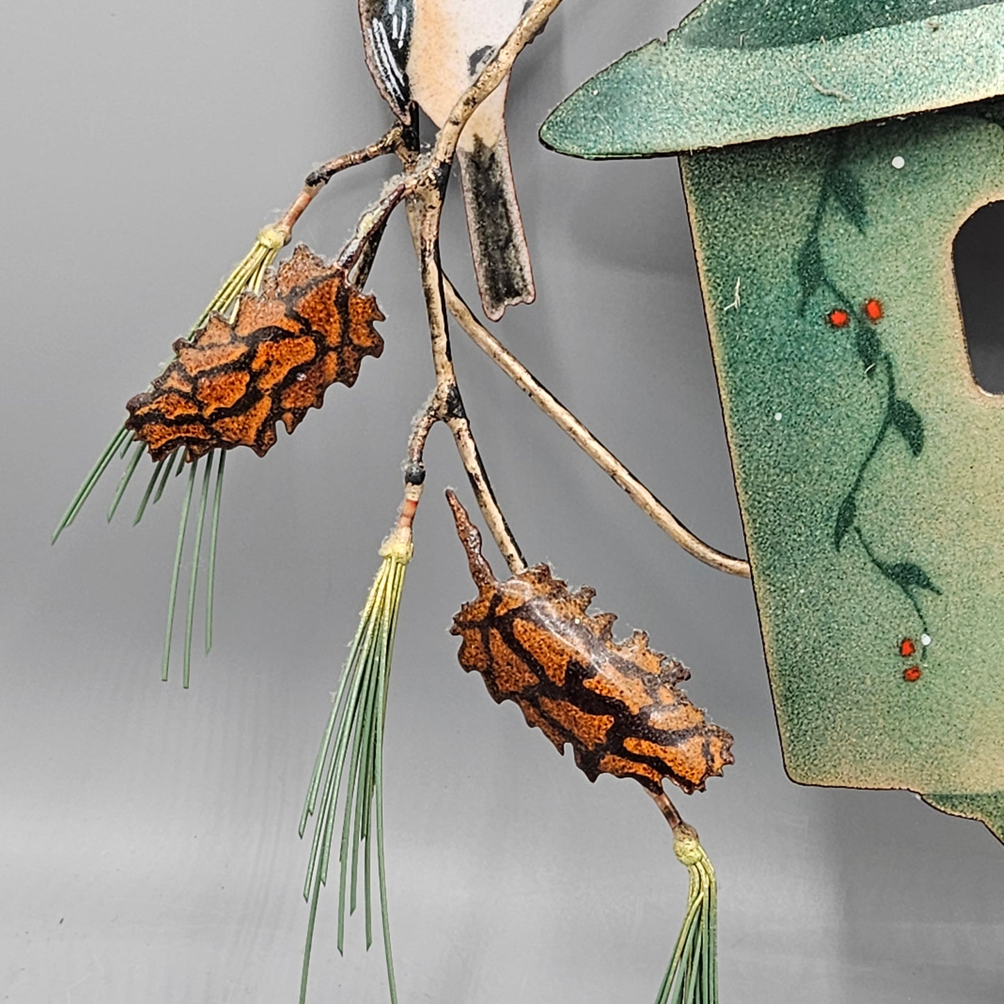 Enamel Birds Wall Art Handcrafted by Bovano of Cheshire Bird in House with Pinecones