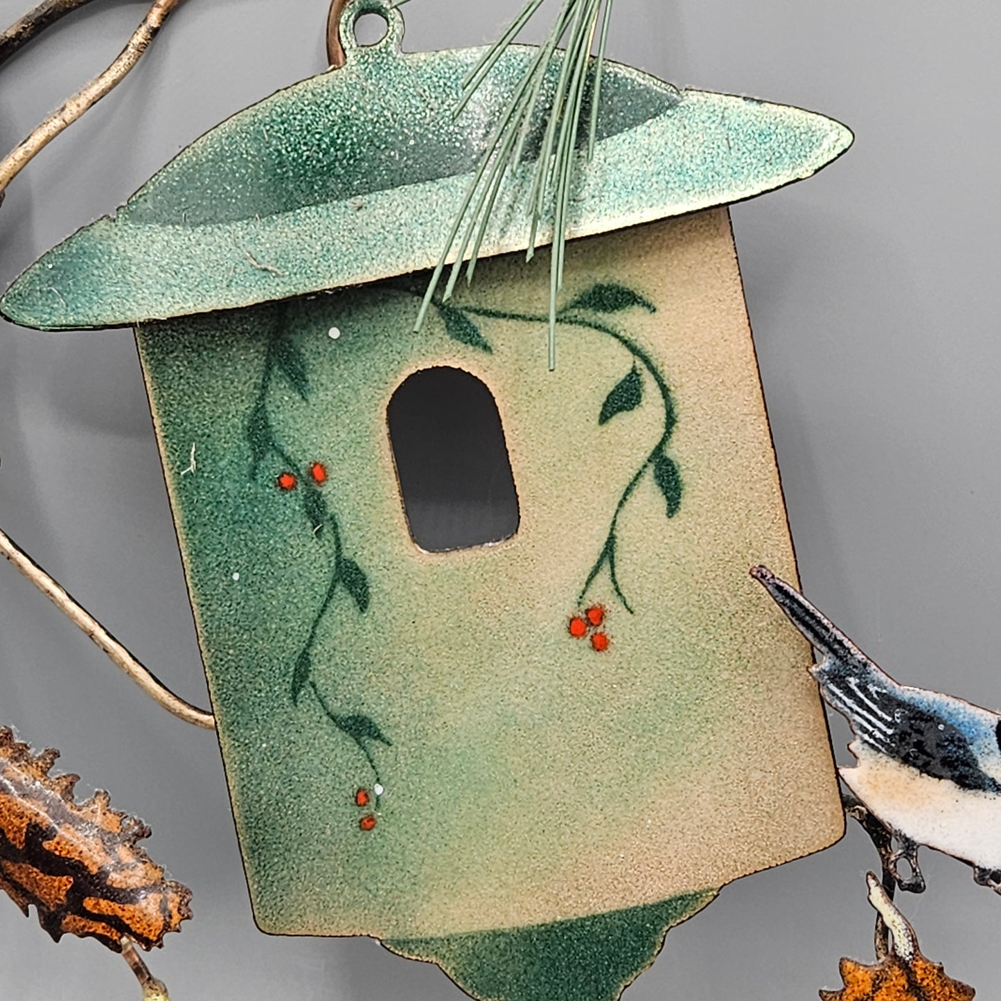 Enamel Birds Wall Art Handcrafted by Bovano of Cheshire Bird in House with Pinecones