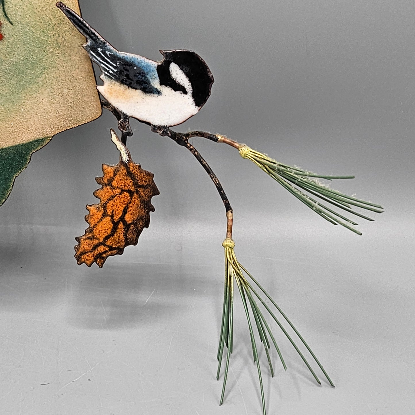 Enamel Birds Wall Art Handcrafted by Bovano of Cheshire Bird in House with Pinecones