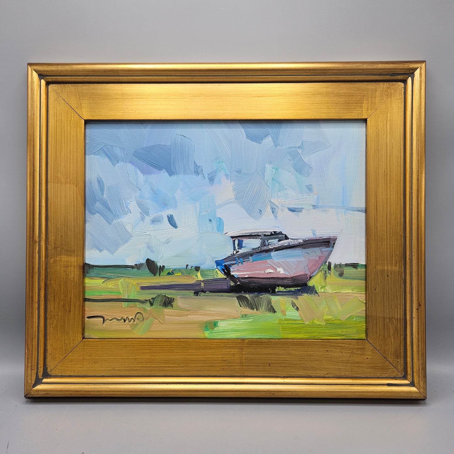 Jose Trujillo Oil on Canvas Painting of Boat