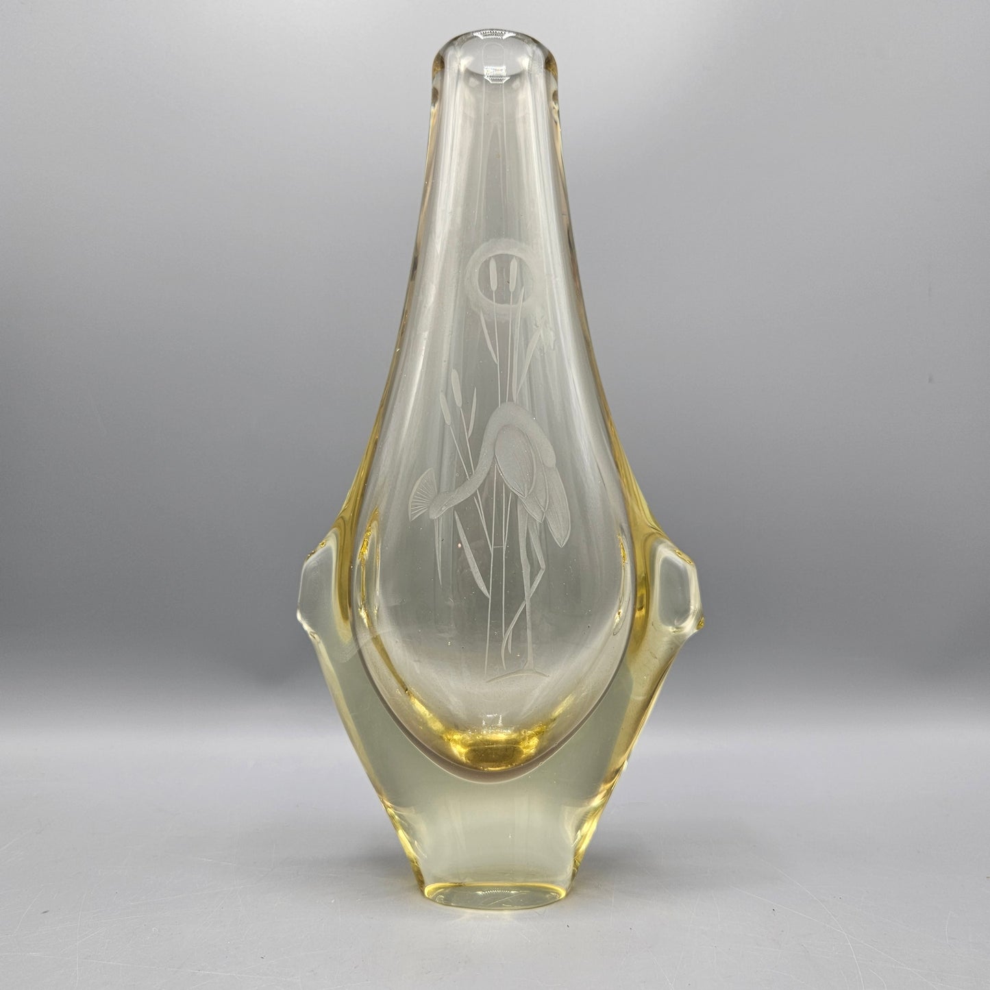 Chinese or Japanese Art Glass Vase with Engraved Crane