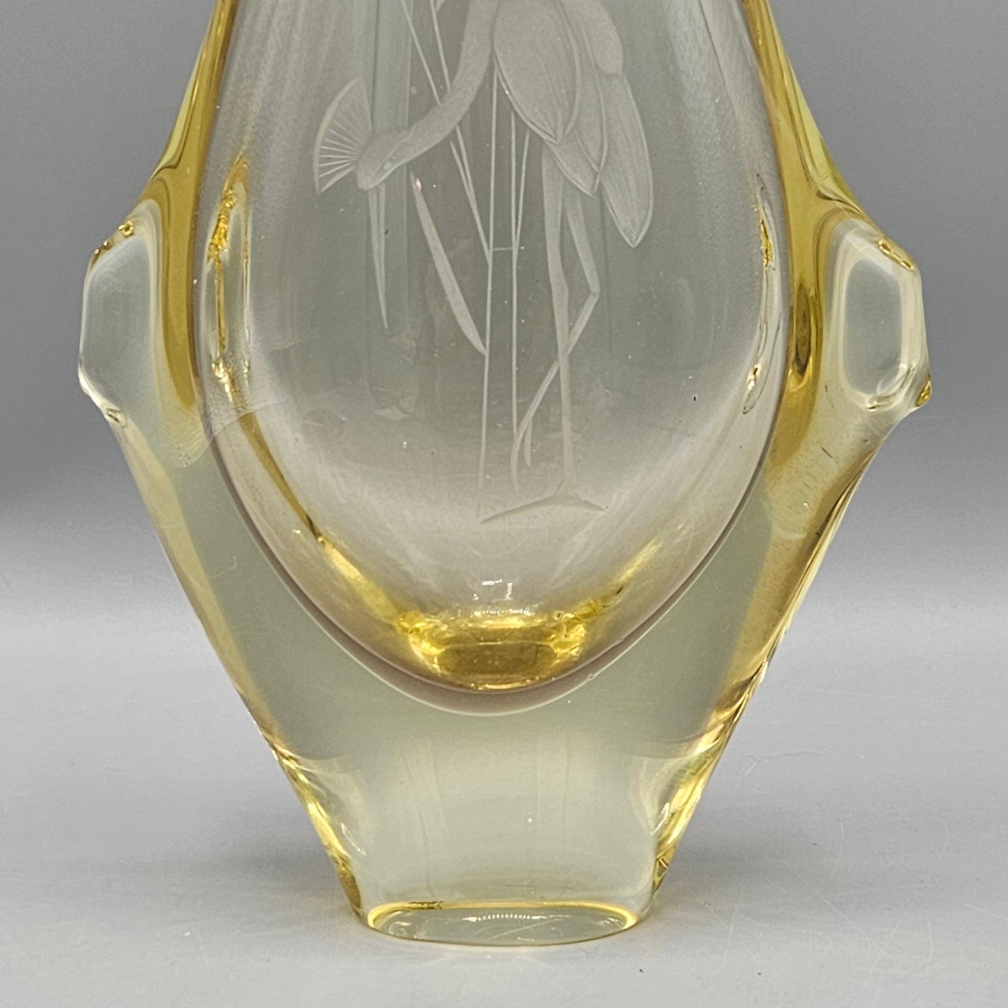 Chinese or Japanese Art Glass Vase with Engraved Crane