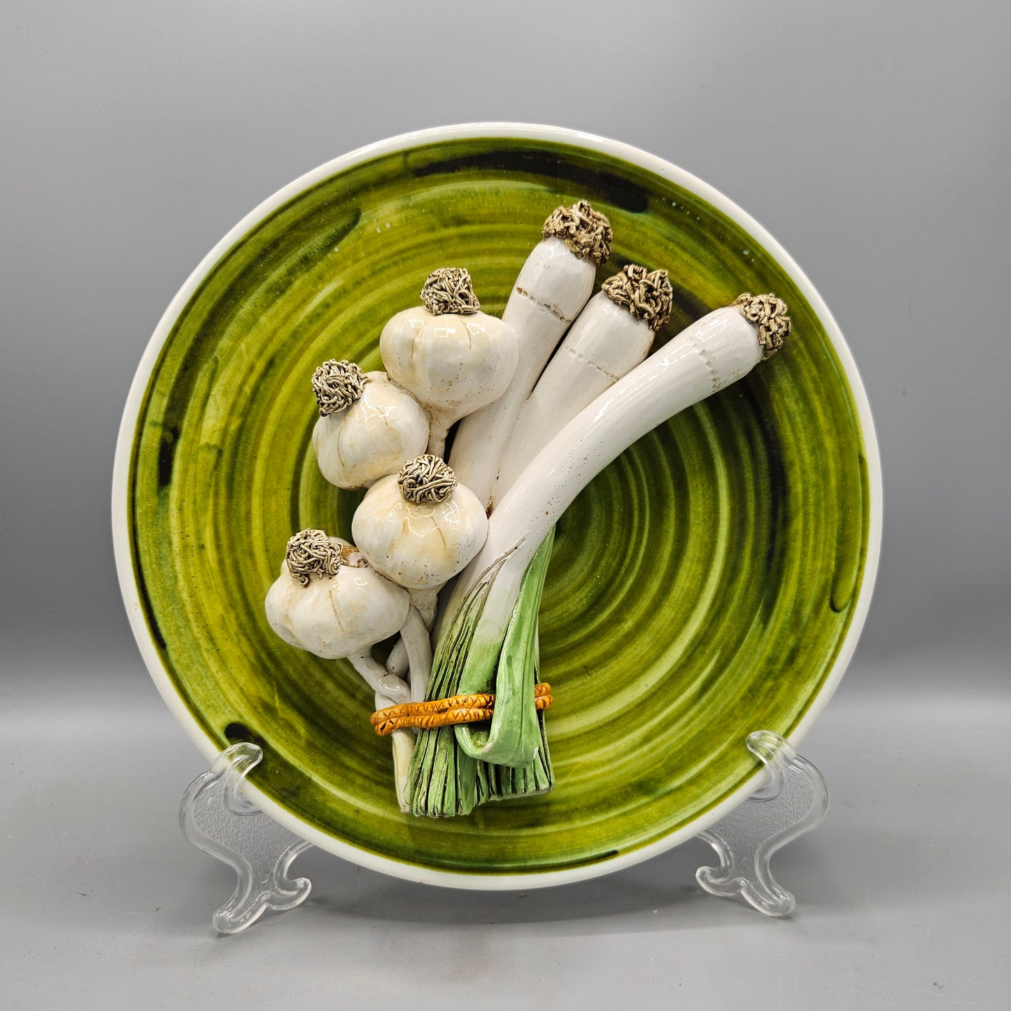 Italian Pottery Palissy Ware Style Plate with Scallions and Garlic