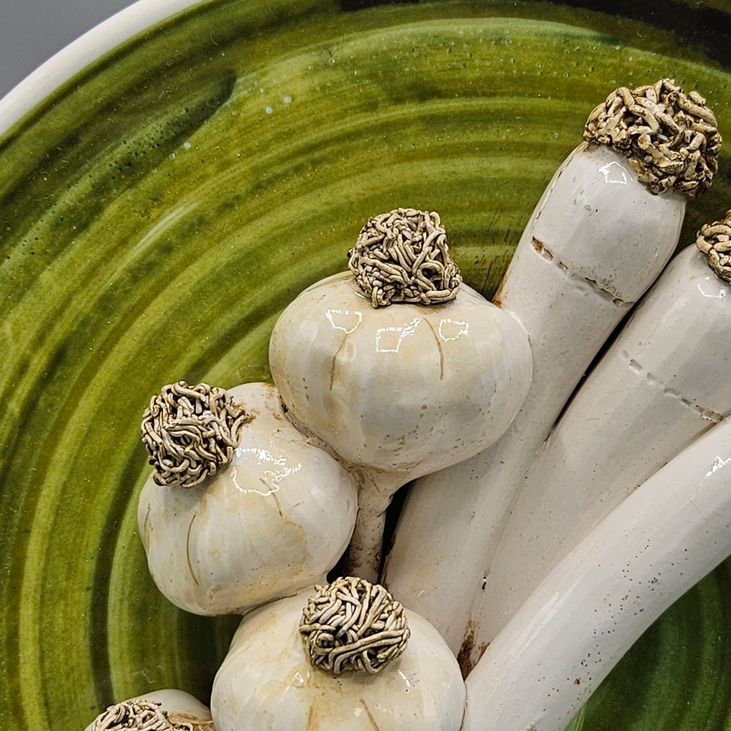 Italian Pottery Palissy Ware Style Plate with Scallions and Garlic