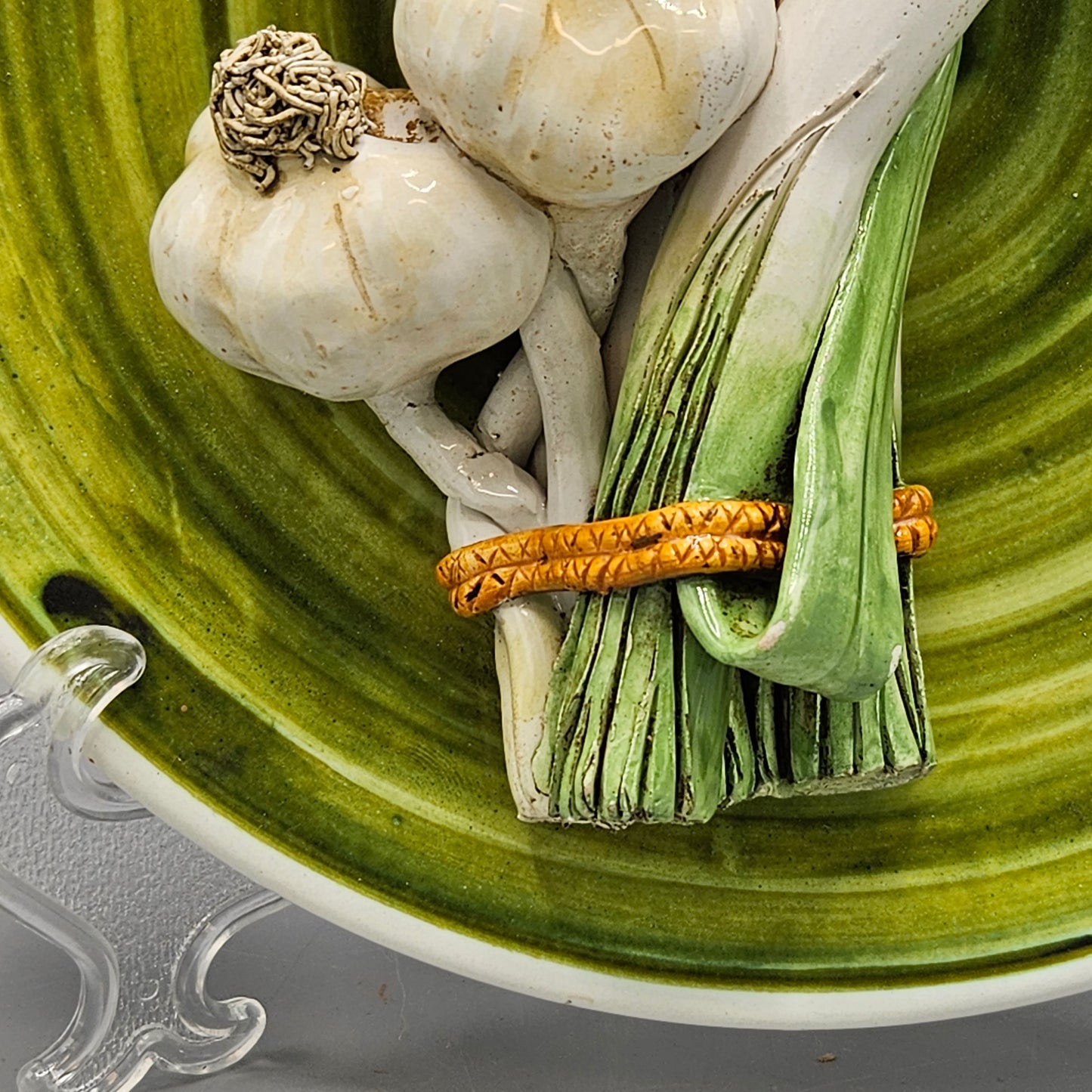 Italian Pottery Palissy Ware Style Plate with Scallions and Garlic