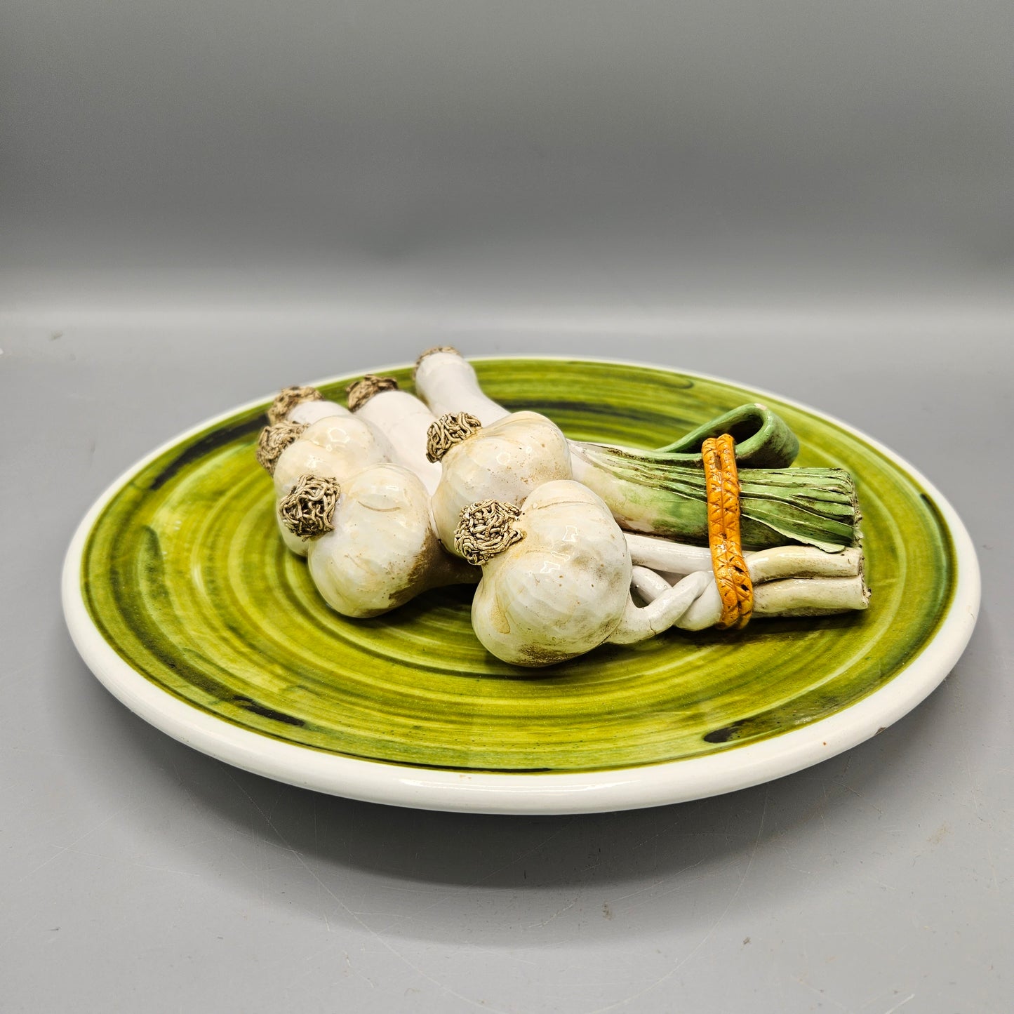 Italian Pottery Palissy Ware Style Plate with Scallions and Garlic