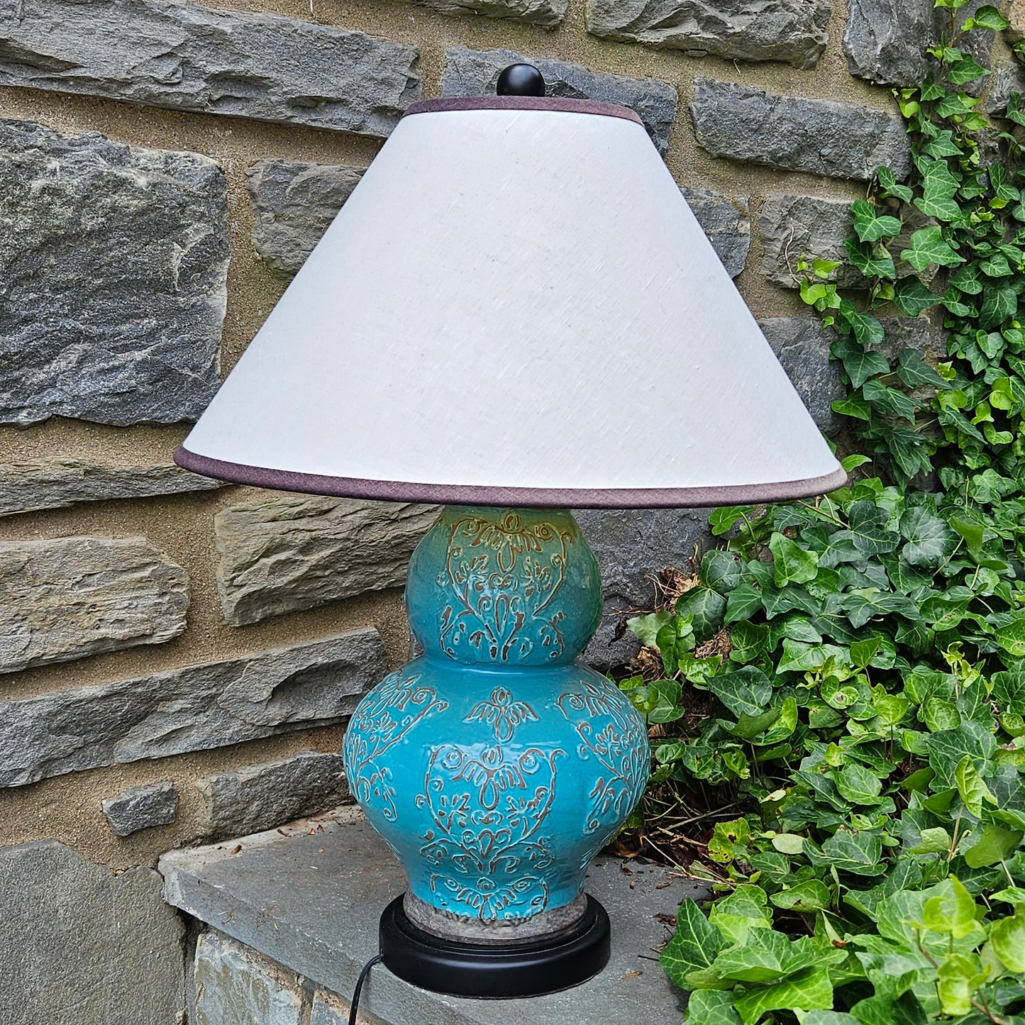 Beautiful Blue Glazed Pottery Lamps with Shades (2 Avail)