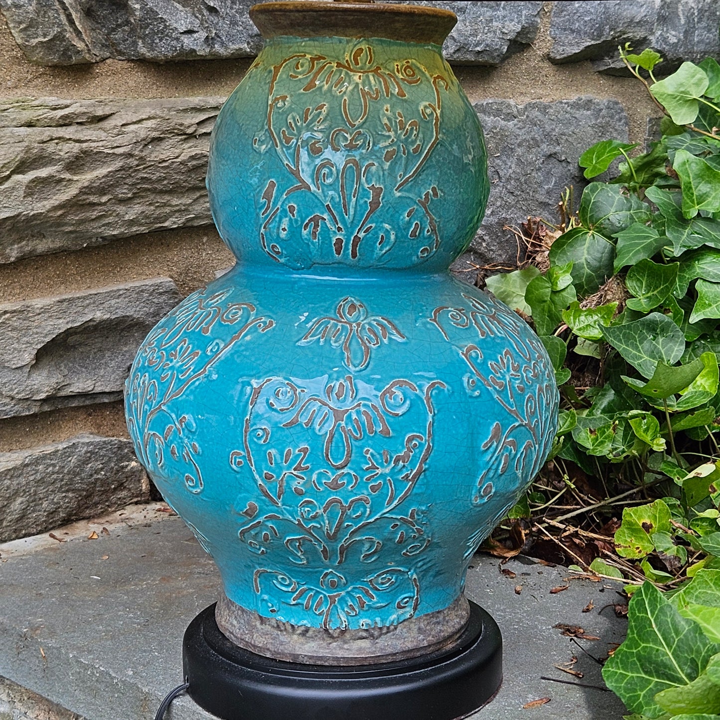 Beautiful Blue Glazed Pottery Lamps with Shades (2 Avail)