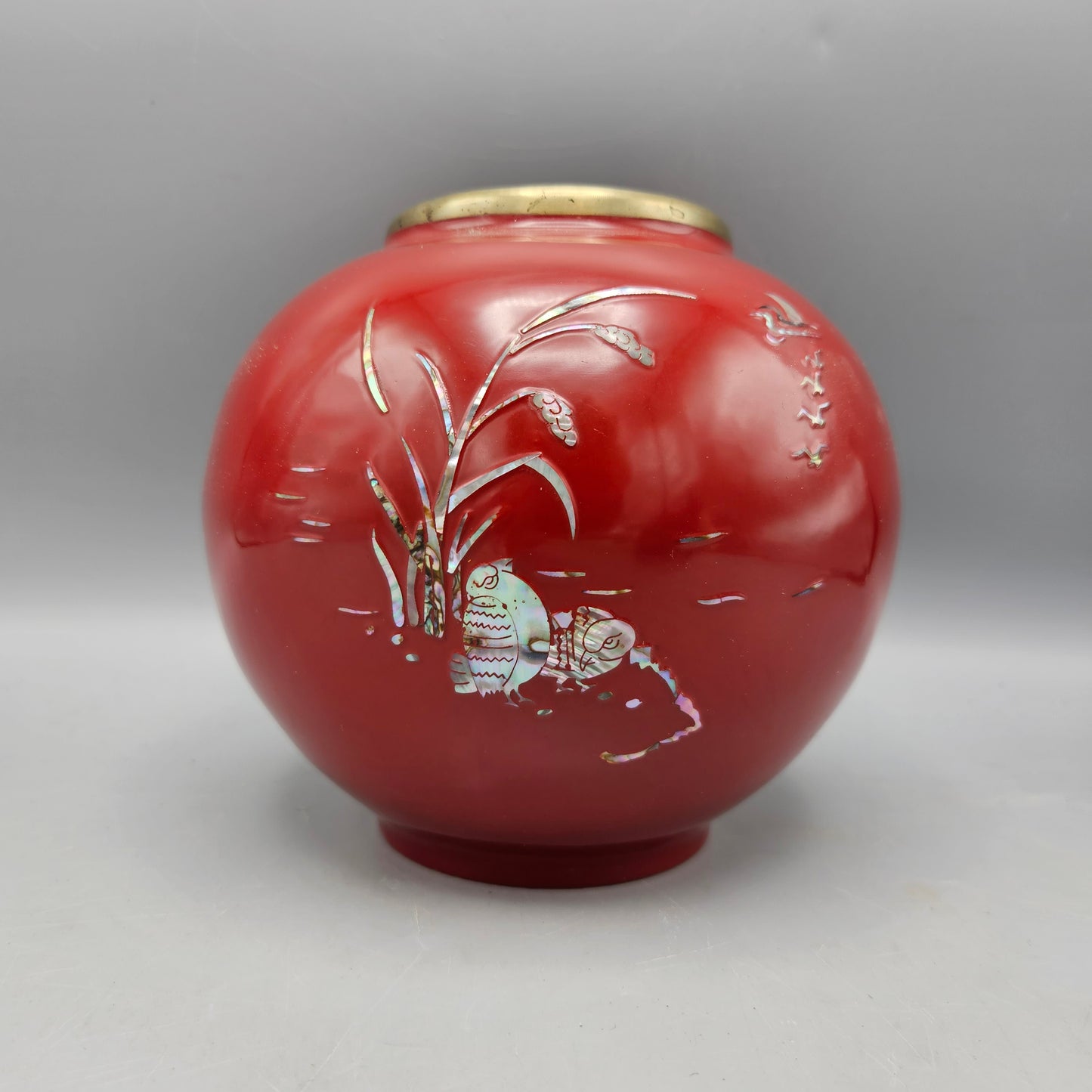Vintage Korean Mother Of Pearl Inlaid Metal Red Vase 6"