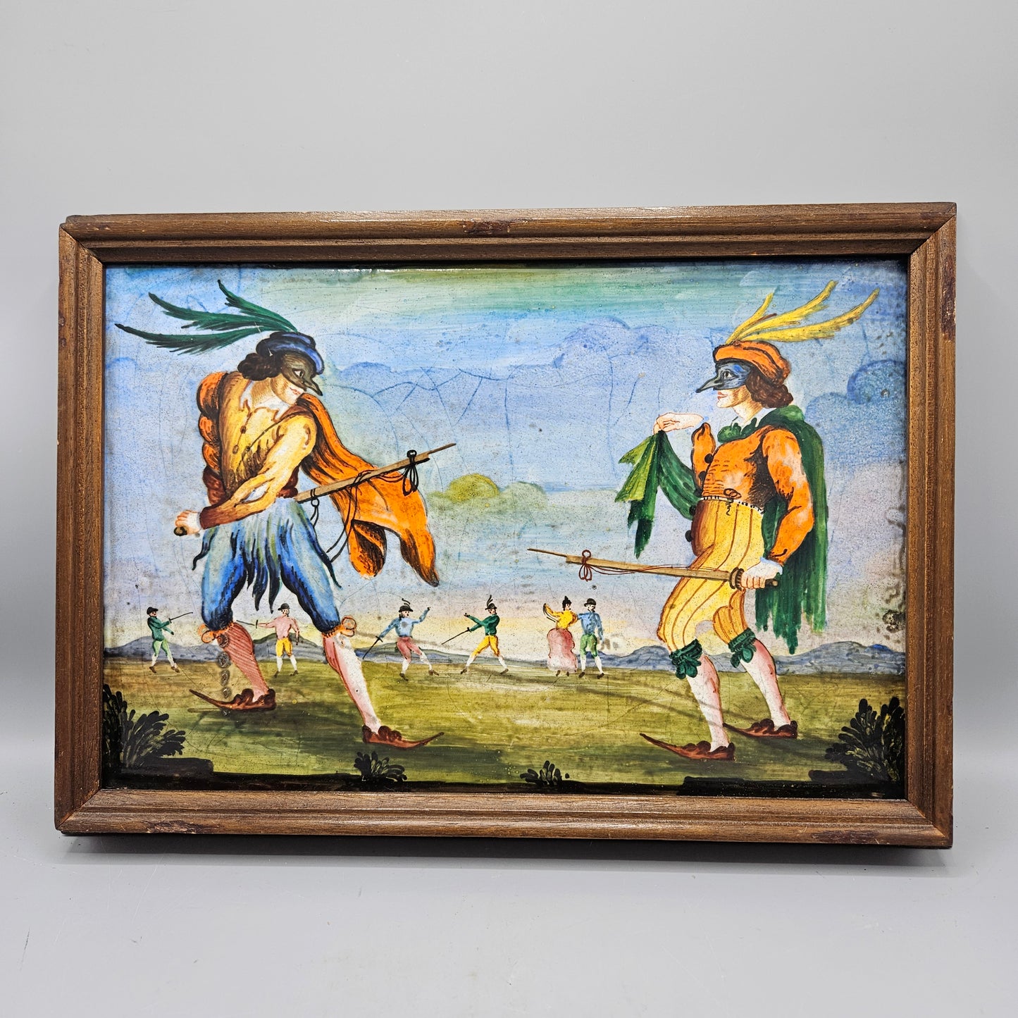 Antique Large Italian Hand Painted Ceramic Tile in Frame