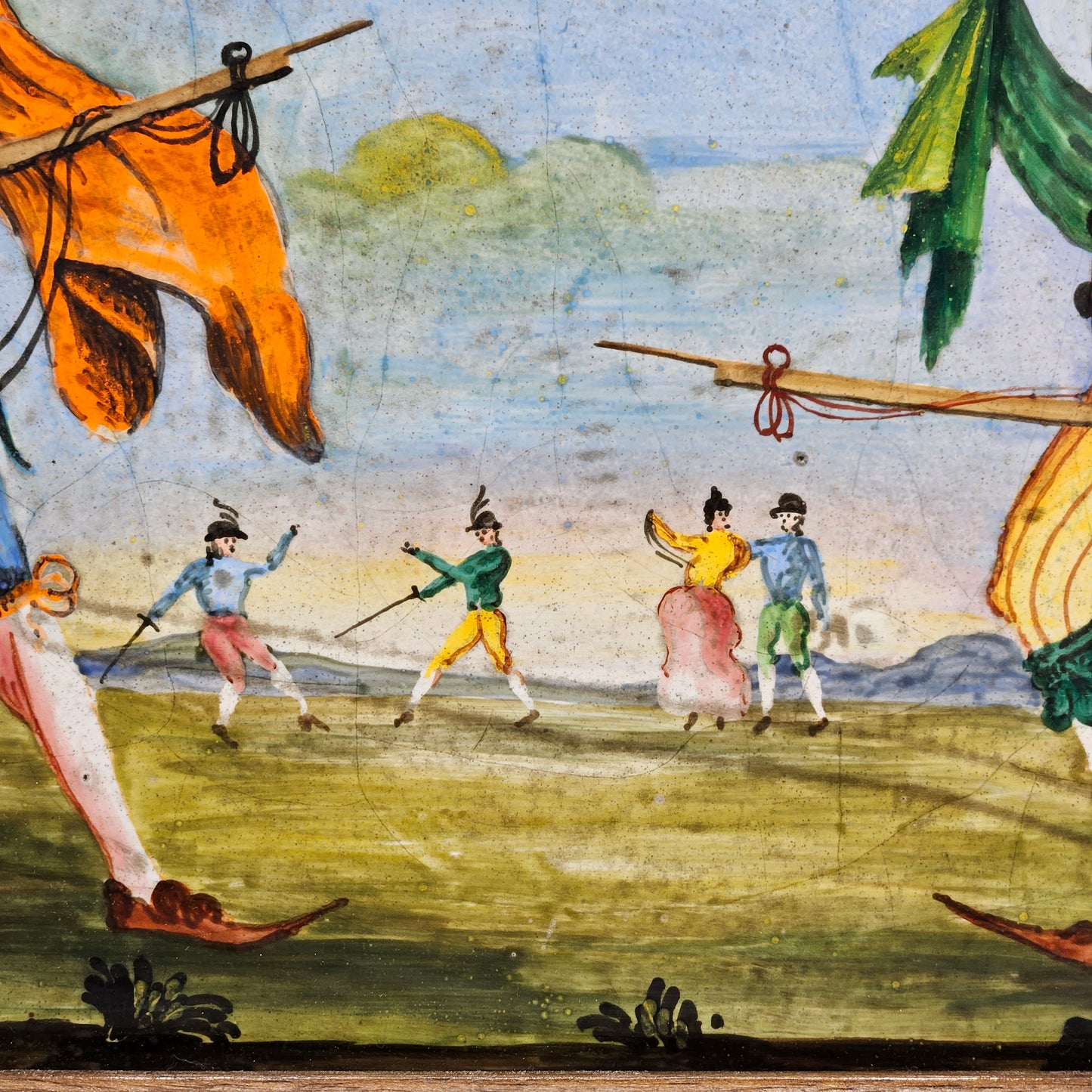 Antique Large Italian Hand Painted Ceramic Tile in Frame