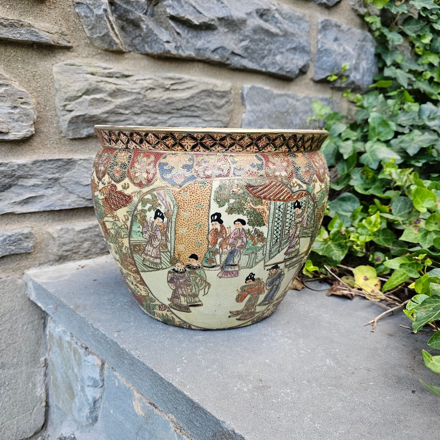 Vintage Asian Porcelain Fishbowl Planter