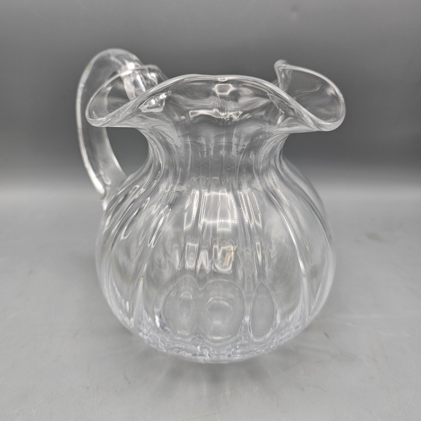 Vintage Hand Blown Glass Pitcher with Ruffled Edge and Ribbed Design