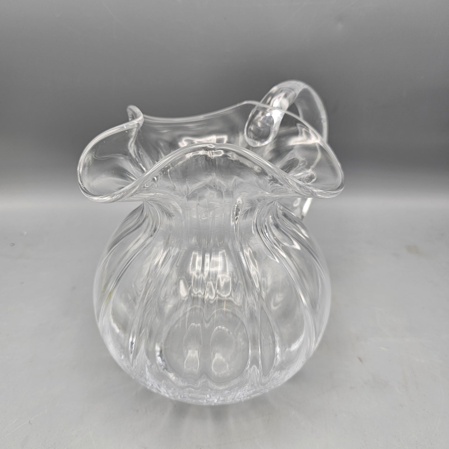 Vintage Hand Blown Glass Pitcher with Ruffled Edge and Ribbed Design