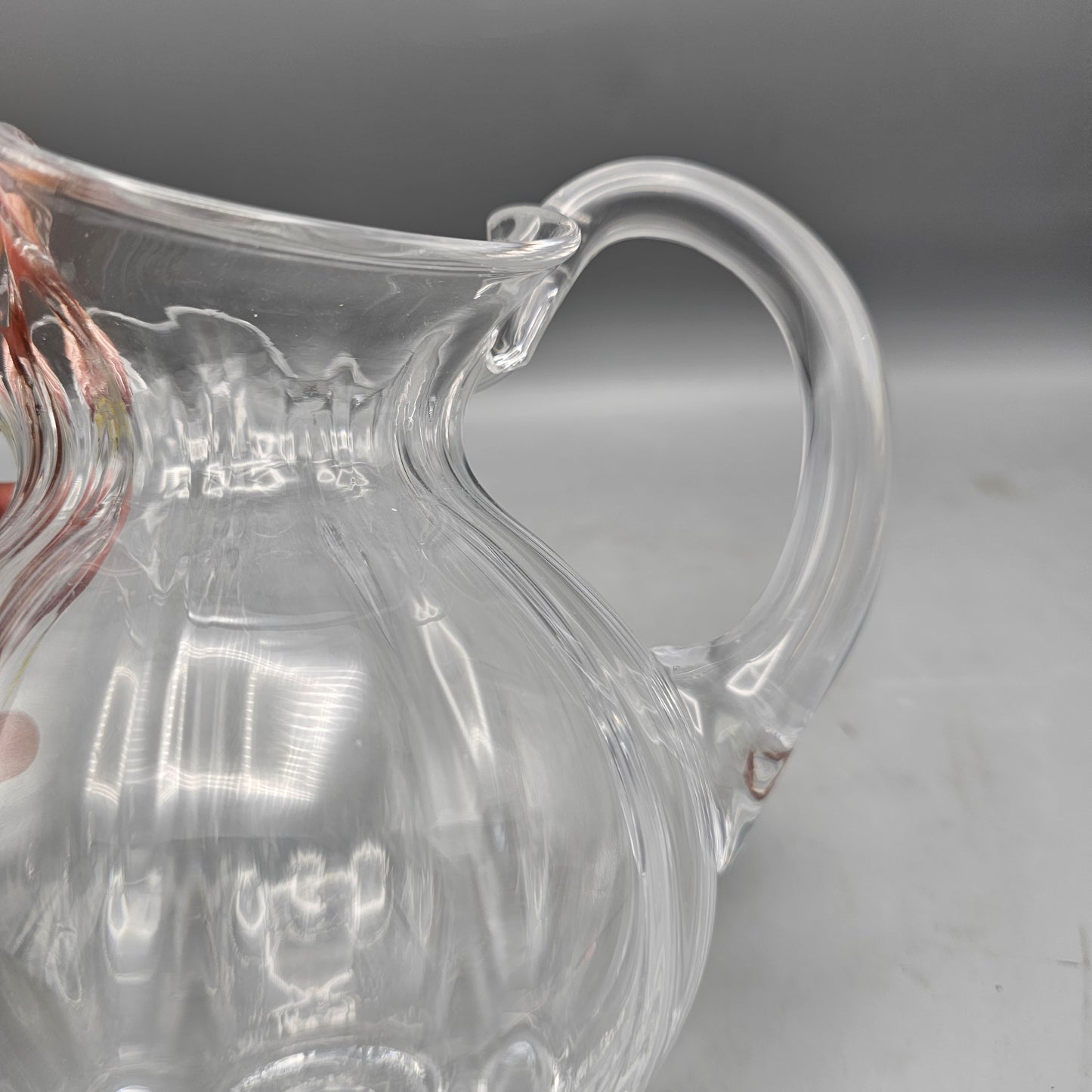 Vintage Hand Blown Glass Pitcher with Ruffled Edge and Ribbed Design