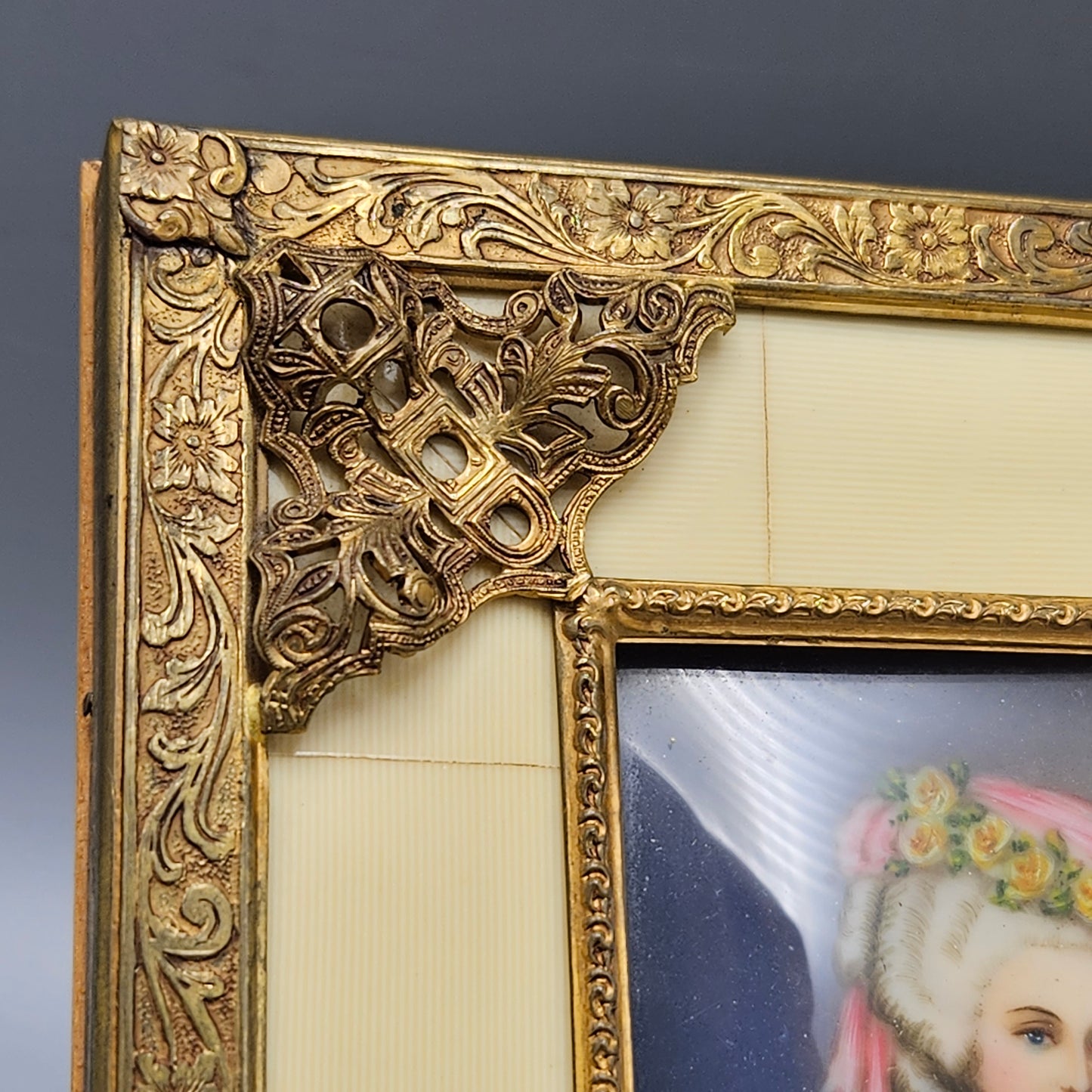 Antique Framed French Portrait of Woman in Ornate Gold Frame with Bone Design