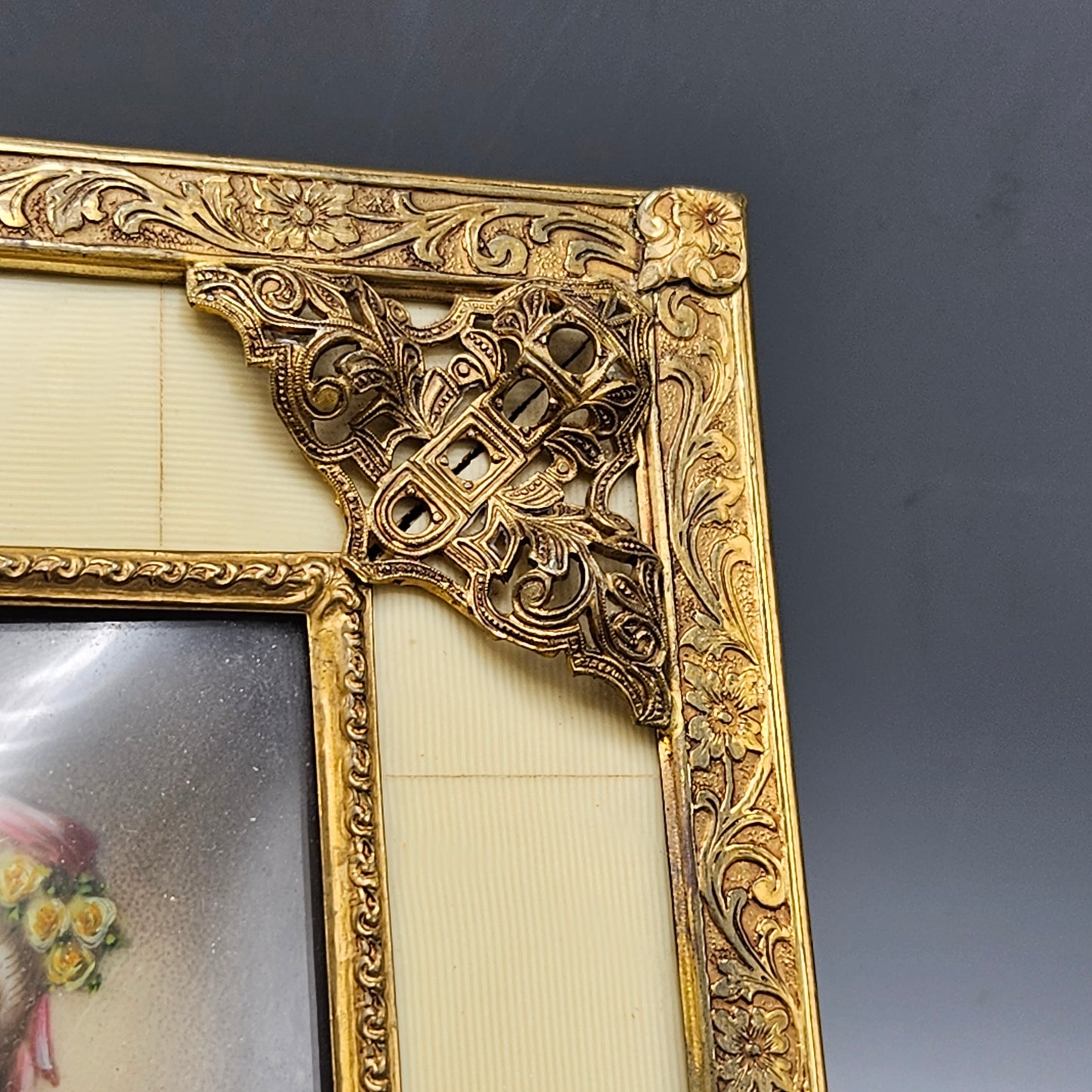 Antique Framed French Portrait of Woman in Ornate Gold Frame with Bone Design