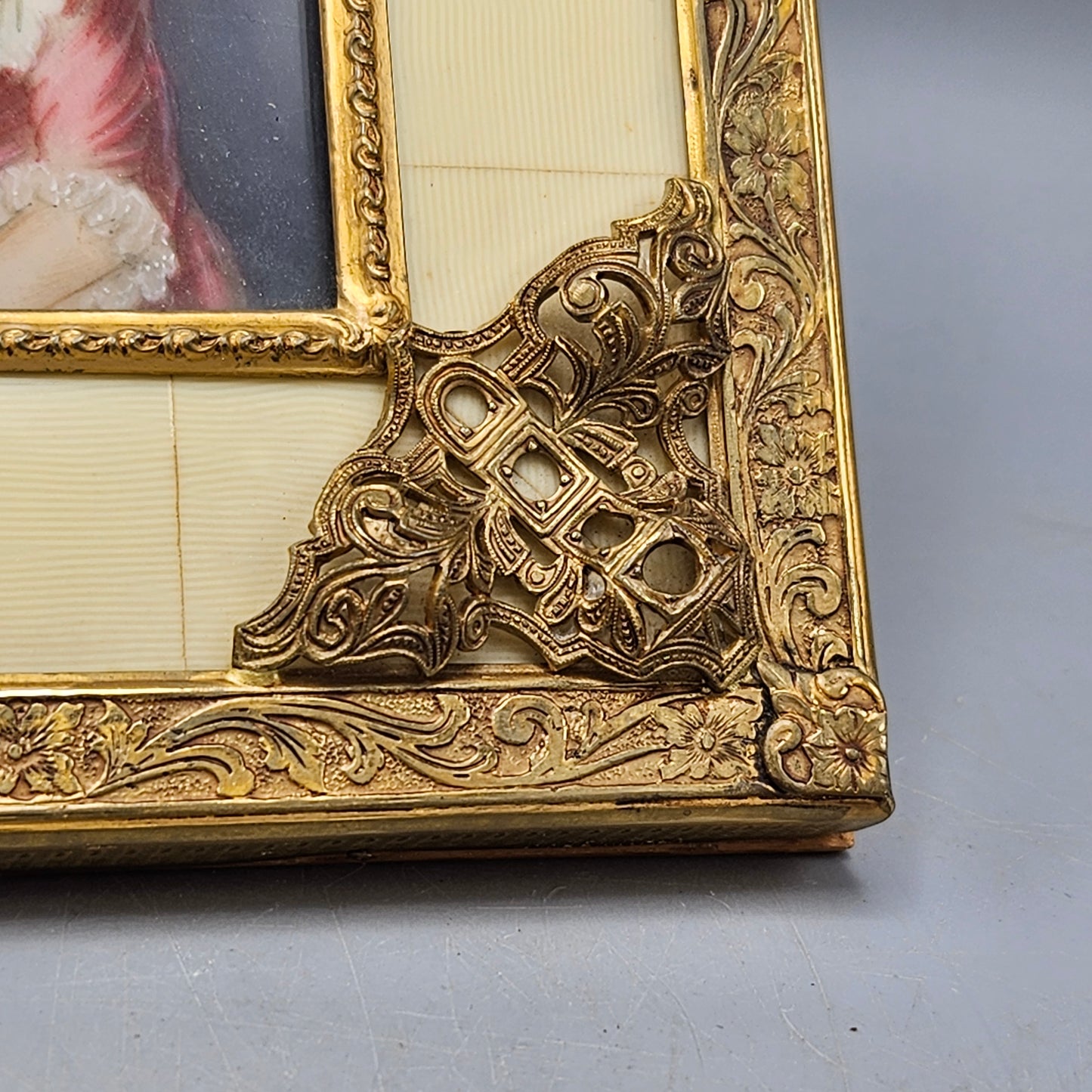 Antique Framed French Portrait of Woman in Ornate Gold Frame with Bone Design