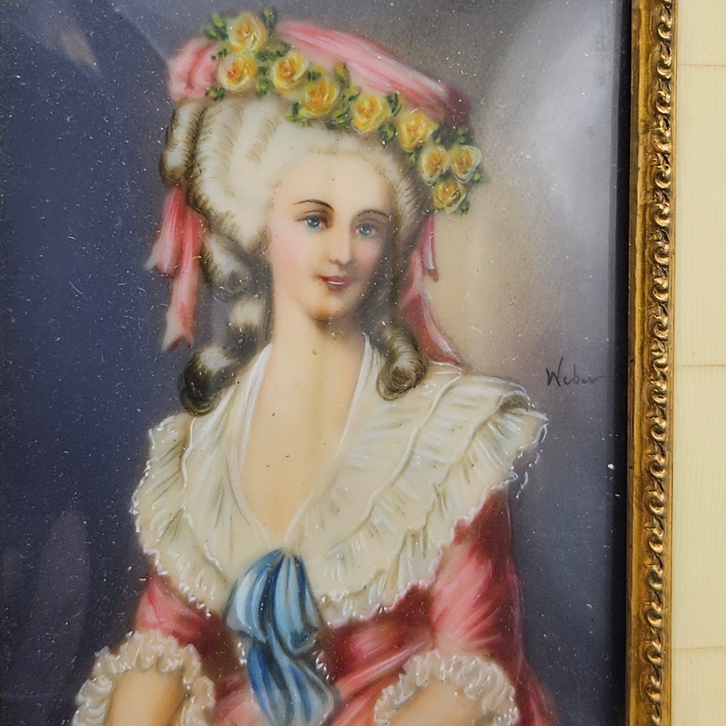 Antique Framed French Portrait of Woman in Ornate Gold Frame with Bone Design