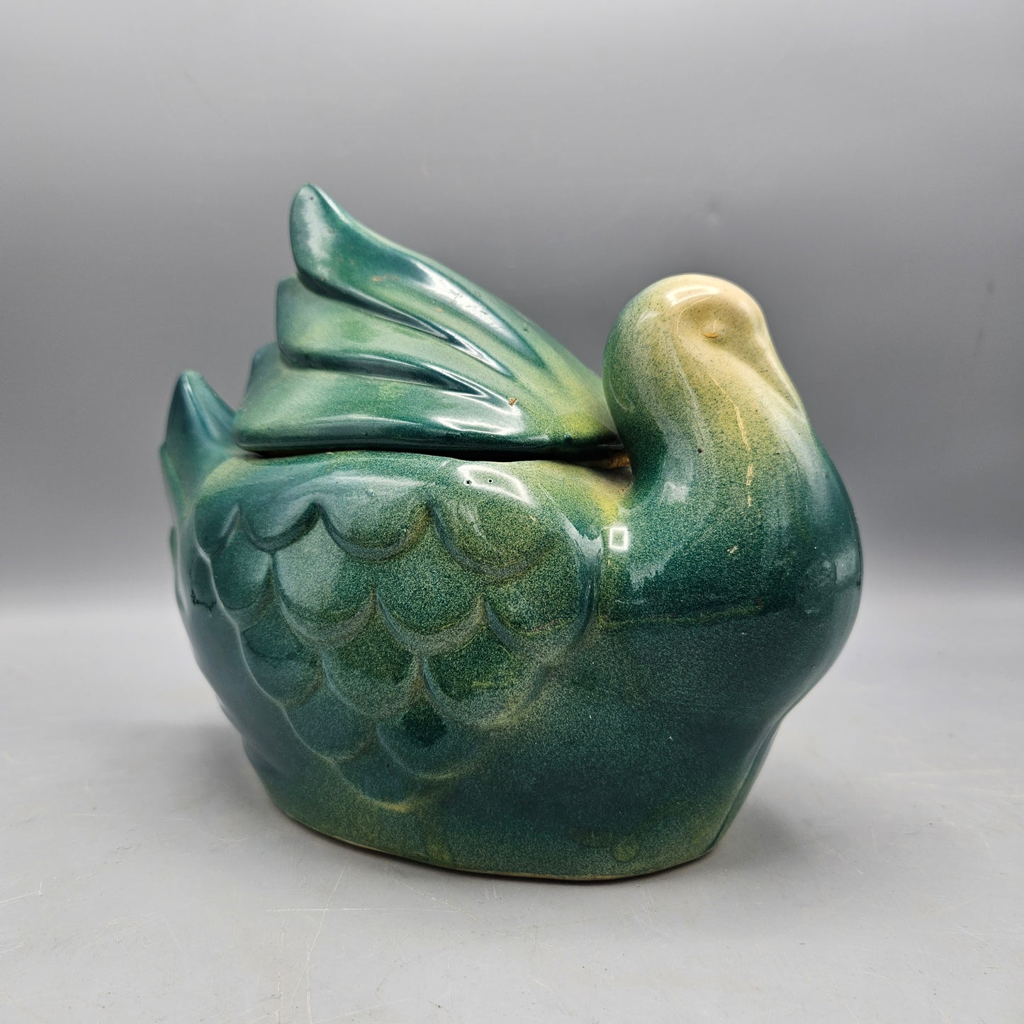 Vintage Fapco USA Art Pottery Swan Cookie Jar w/Lid Green