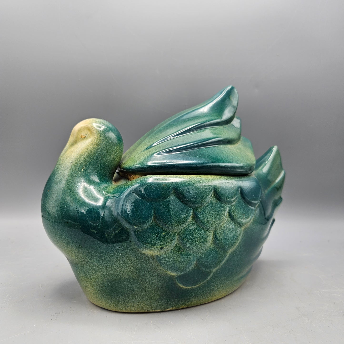 Vintage Fapco USA Art Pottery Swan Cookie Jar w/Lid Green