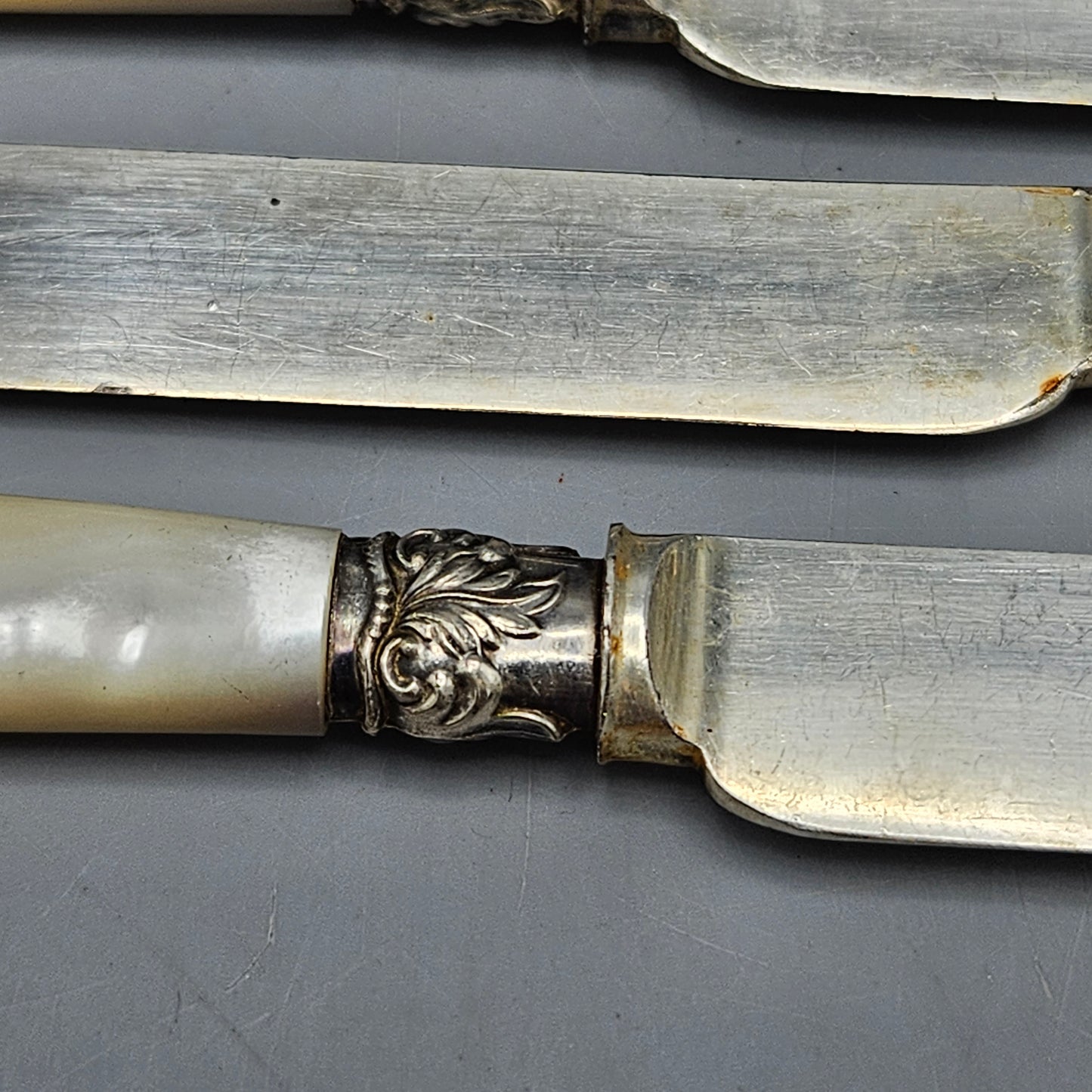 Set of 12 Antique Mother of Pearl Handle Silver Plate Knives