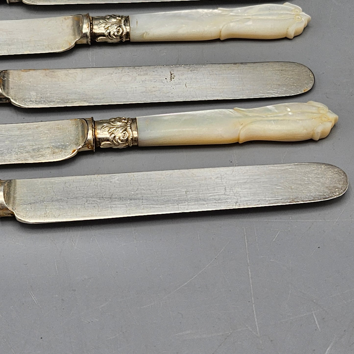 Set of 12 Antique Mother of Pearl Handle Silver Plate Knives