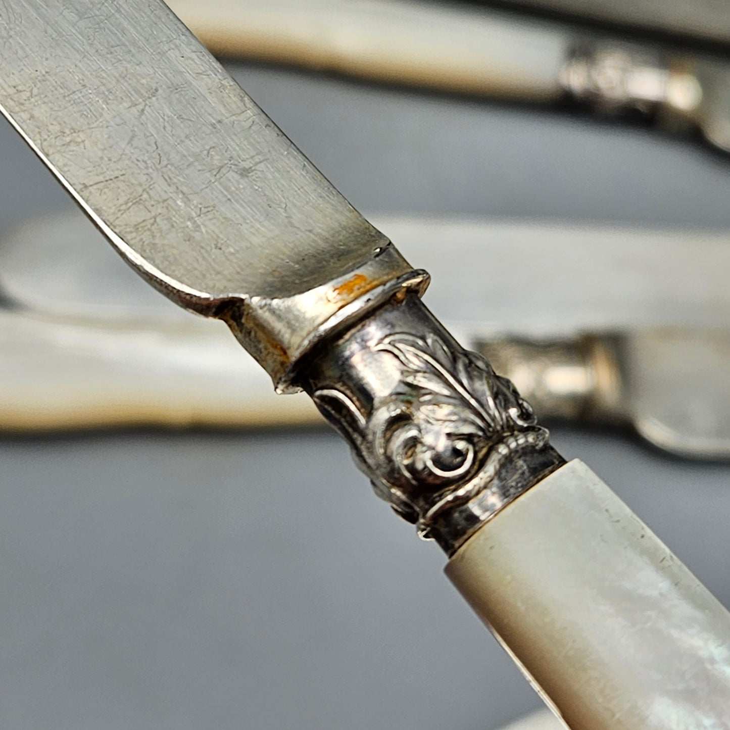 Set of 12 Antique Mother of Pearl Handle Silver Plate Knives