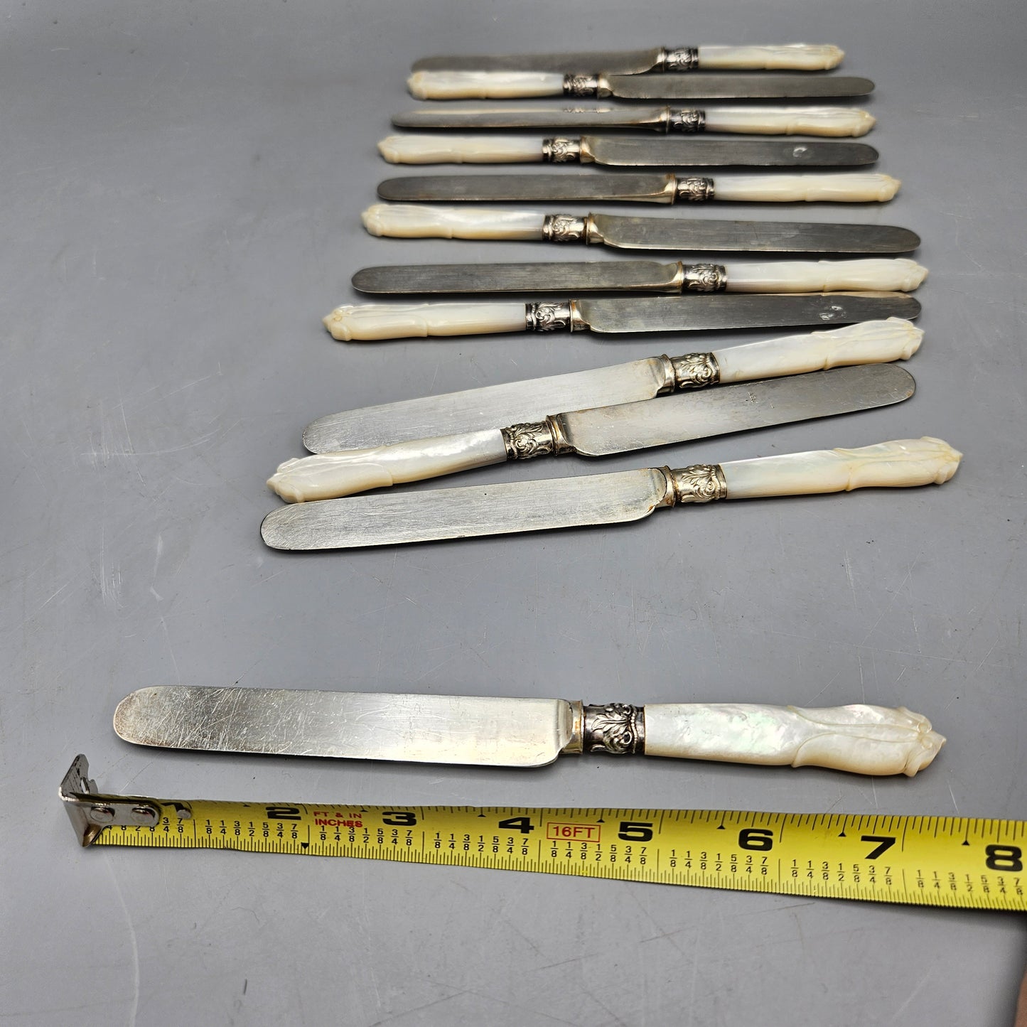 Set of 12 Antique Mother of Pearl Handle Silver Plate Knives