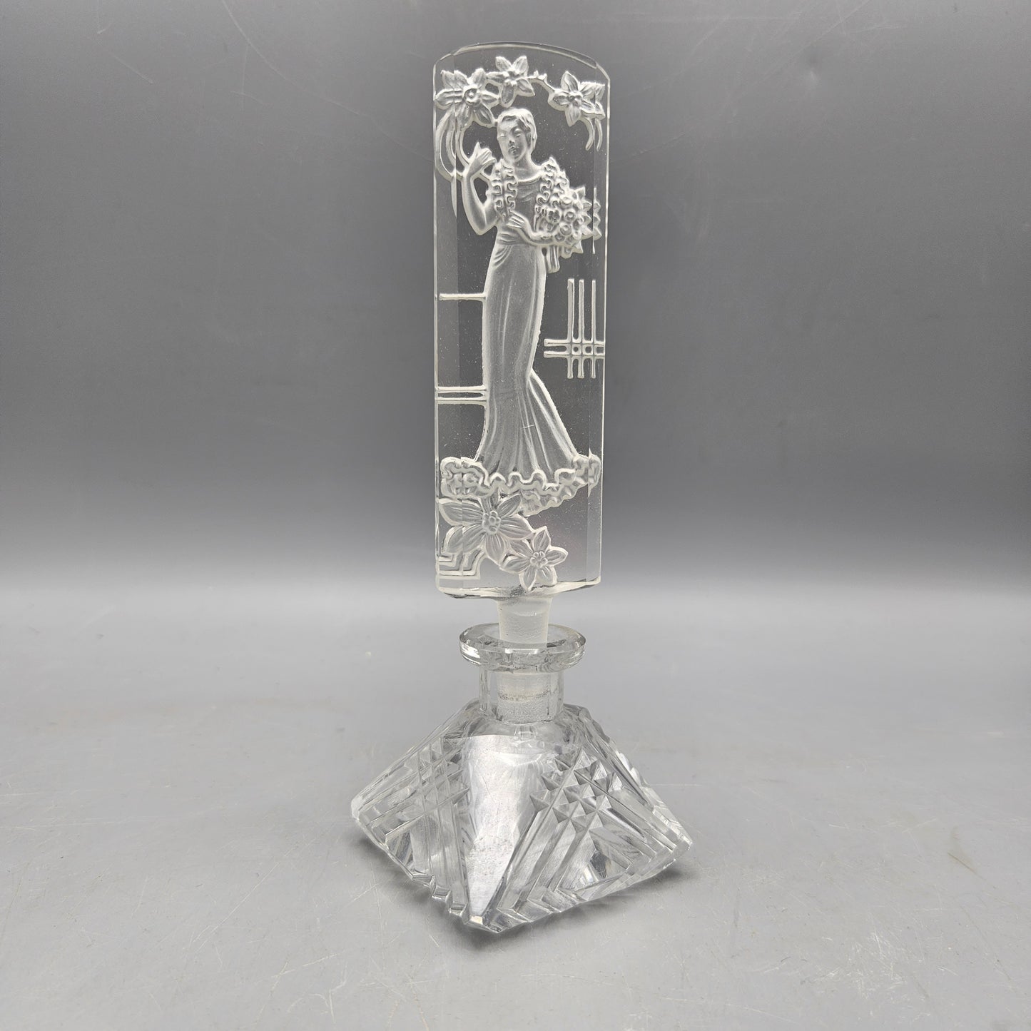 Vintage Czech Clear Crystal Carved Woman Perfume Bottle Made In Czechoslovakia