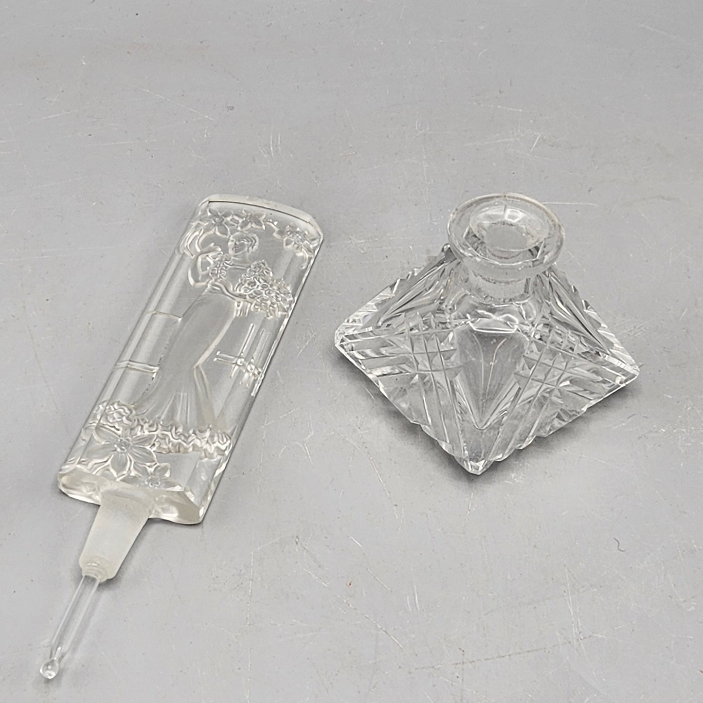 Vintage Czech Clear Crystal Carved Woman Perfume Bottle Made In Czechoslovakia
