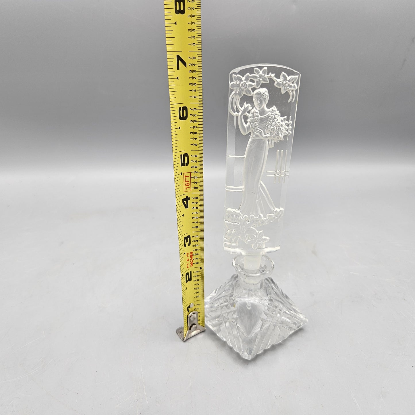 Vintage Czech Clear Crystal Carved Woman Perfume Bottle Made In Czechoslovakia