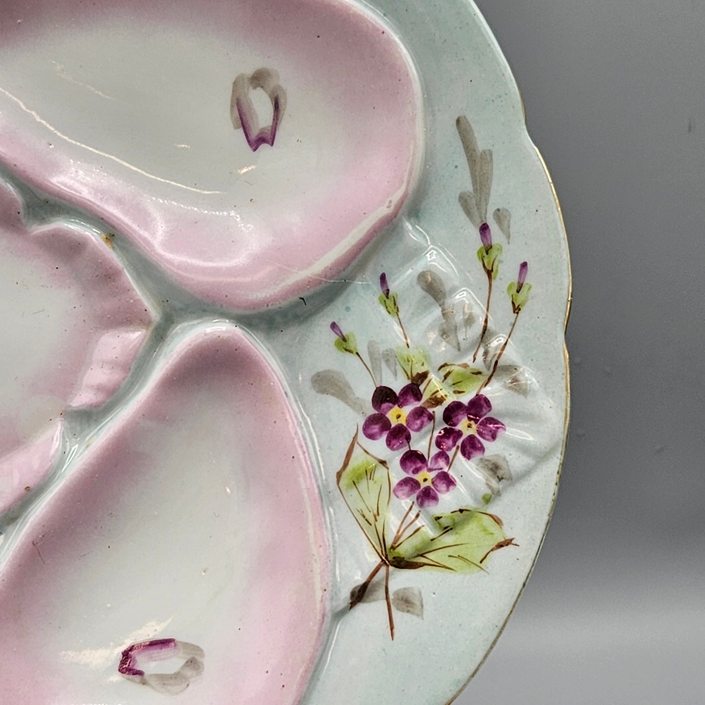 Vintage Hand Painted Oyster Plate - Pinks and Green