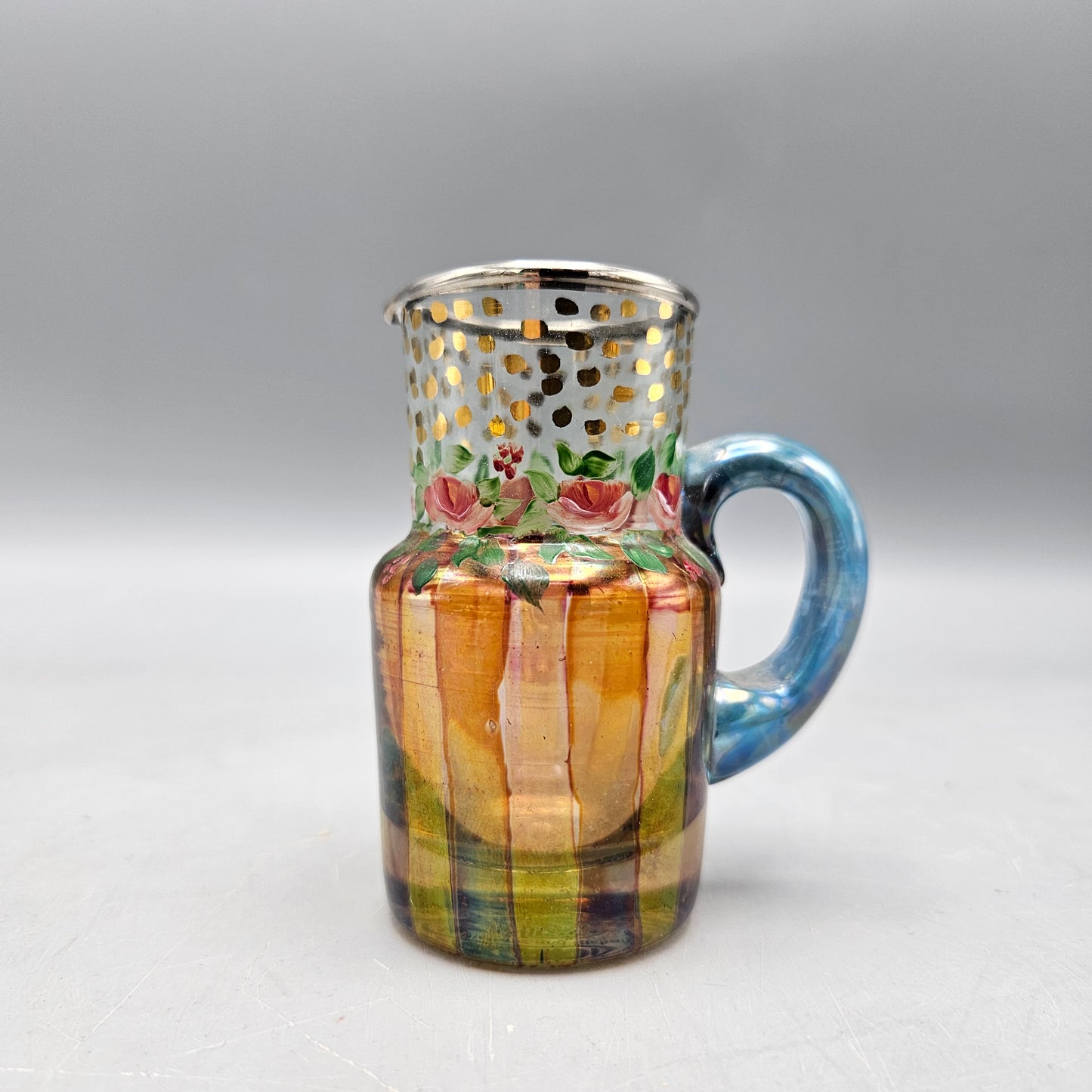 Vintage Mackenzie Childs Creamer Mini Pitcher & Sugar Blown Glass Hand Painted