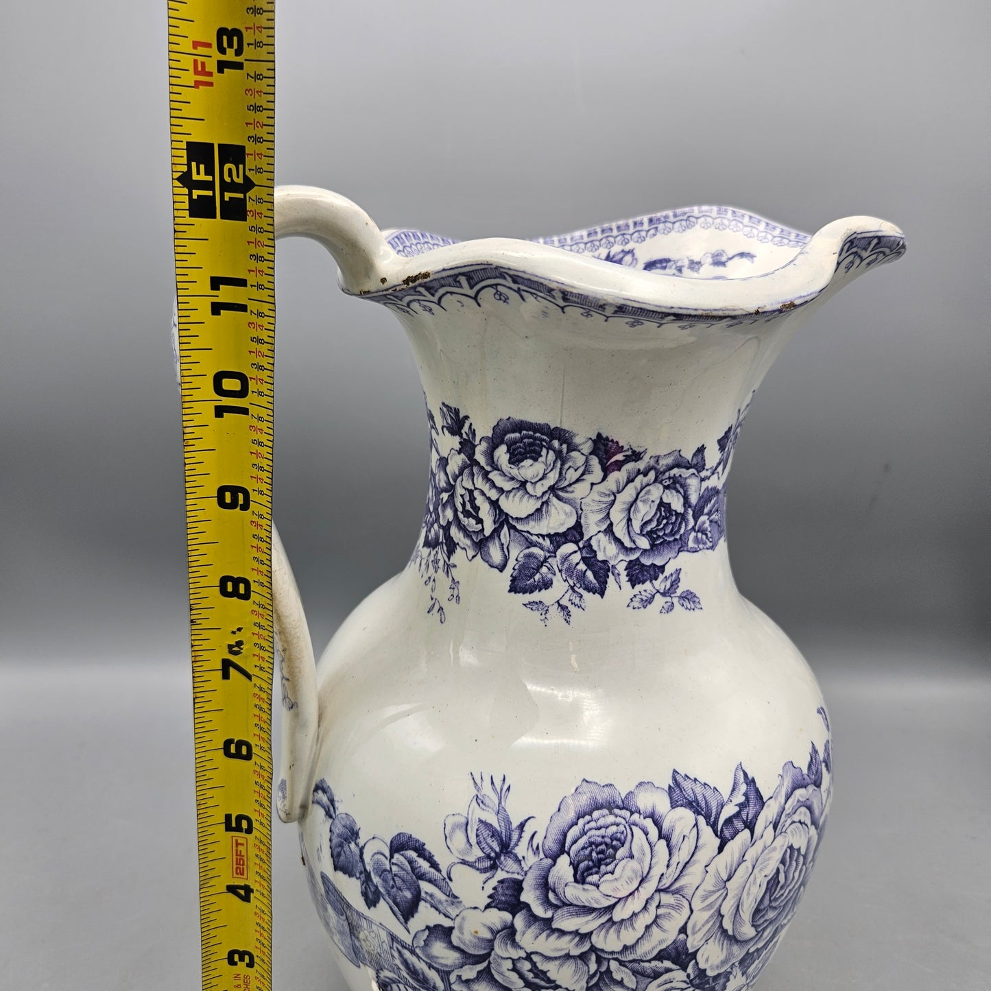 Vintage Blue and White Pitcher with Flowers