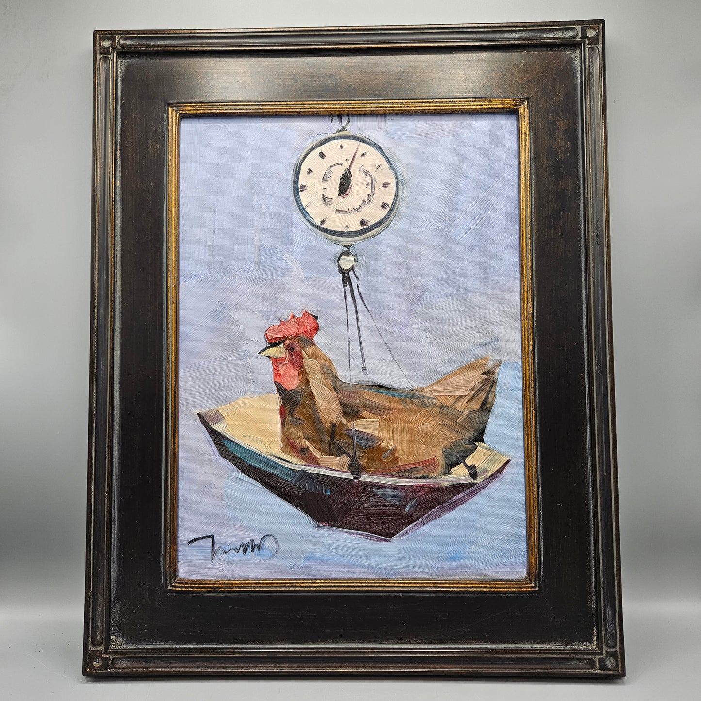 Jose Trujillo Original Oil Painting on Canvas of Chicken on Scale in Black Frame