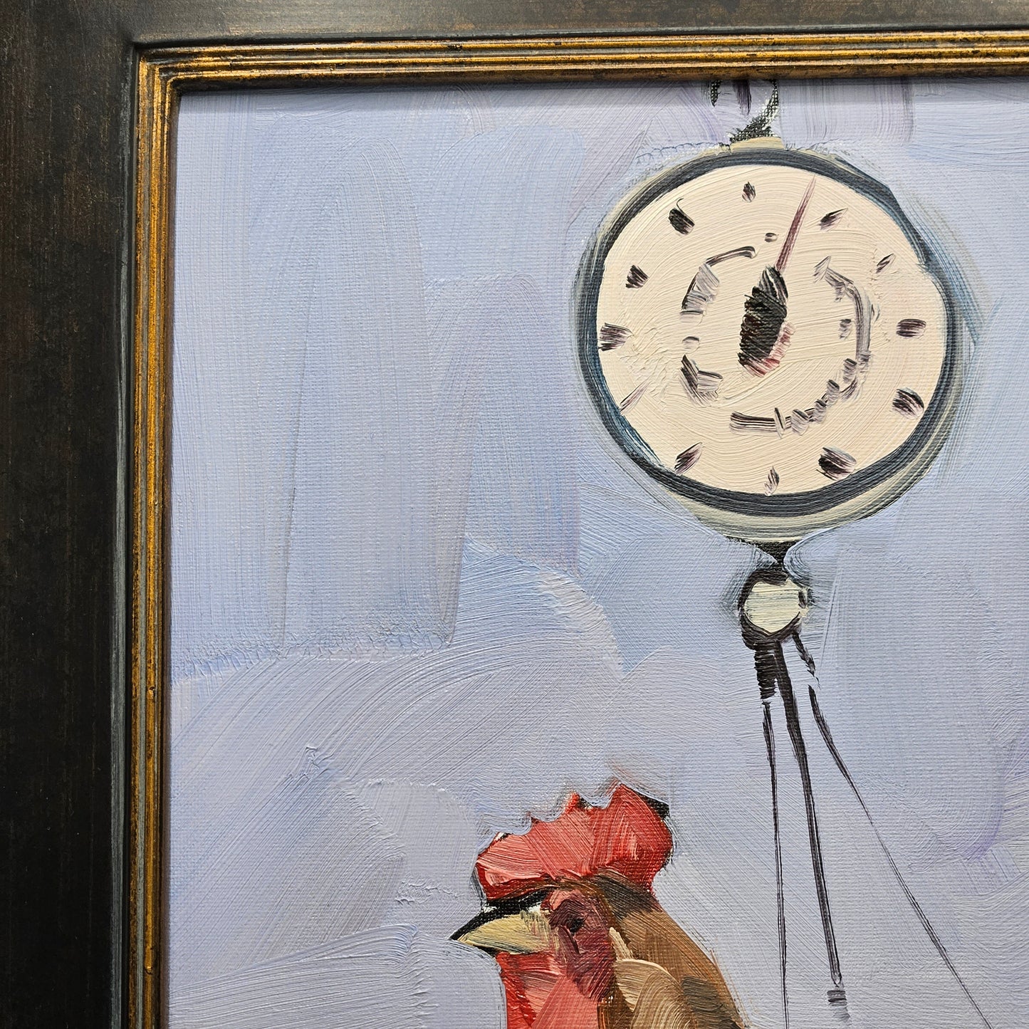 Jose Trujillo Original Oil Painting on Canvas of Chicken on Scale in Black Frame