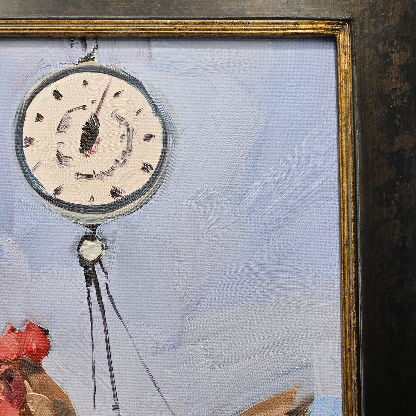 Jose Trujillo Original Oil Painting on Canvas of Chicken on Scale in Black Frame