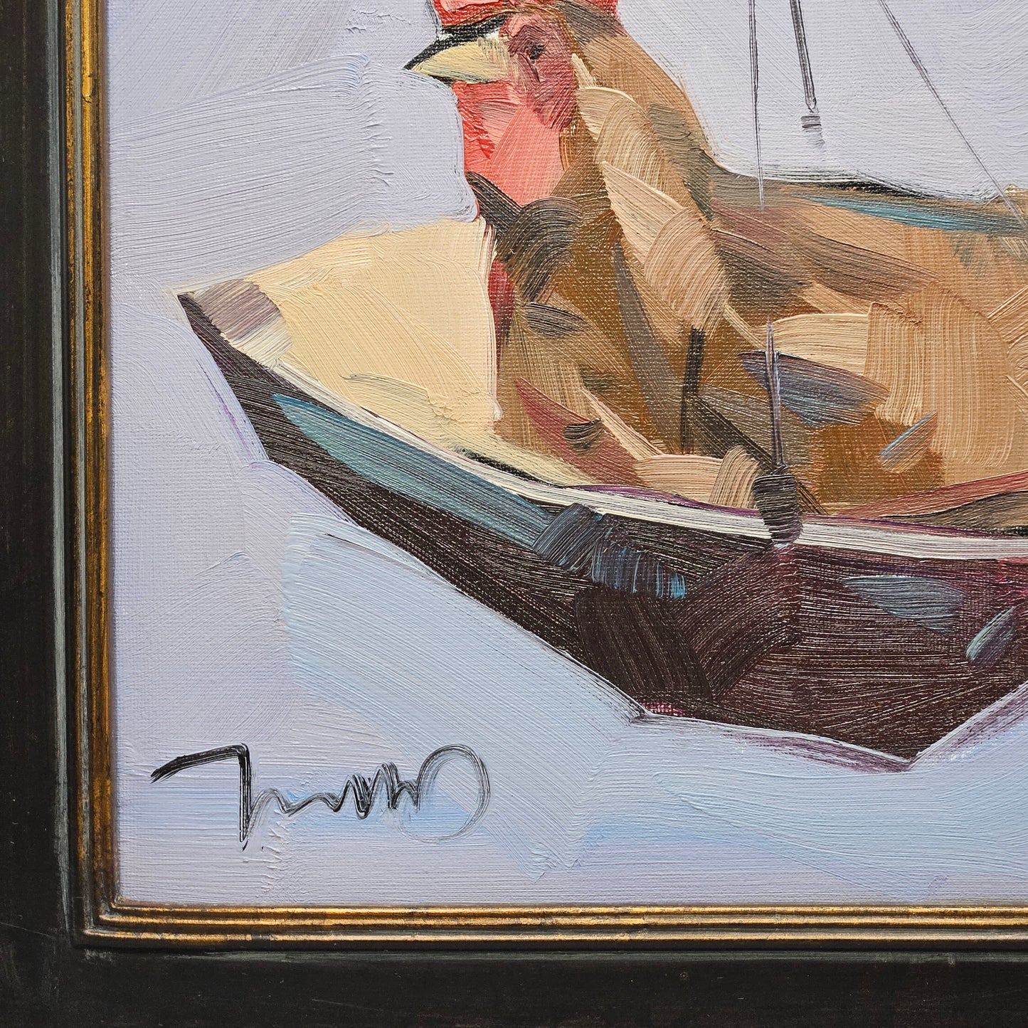 Jose Trujillo Original Oil Painting on Canvas of Chicken on Scale in Black Frame